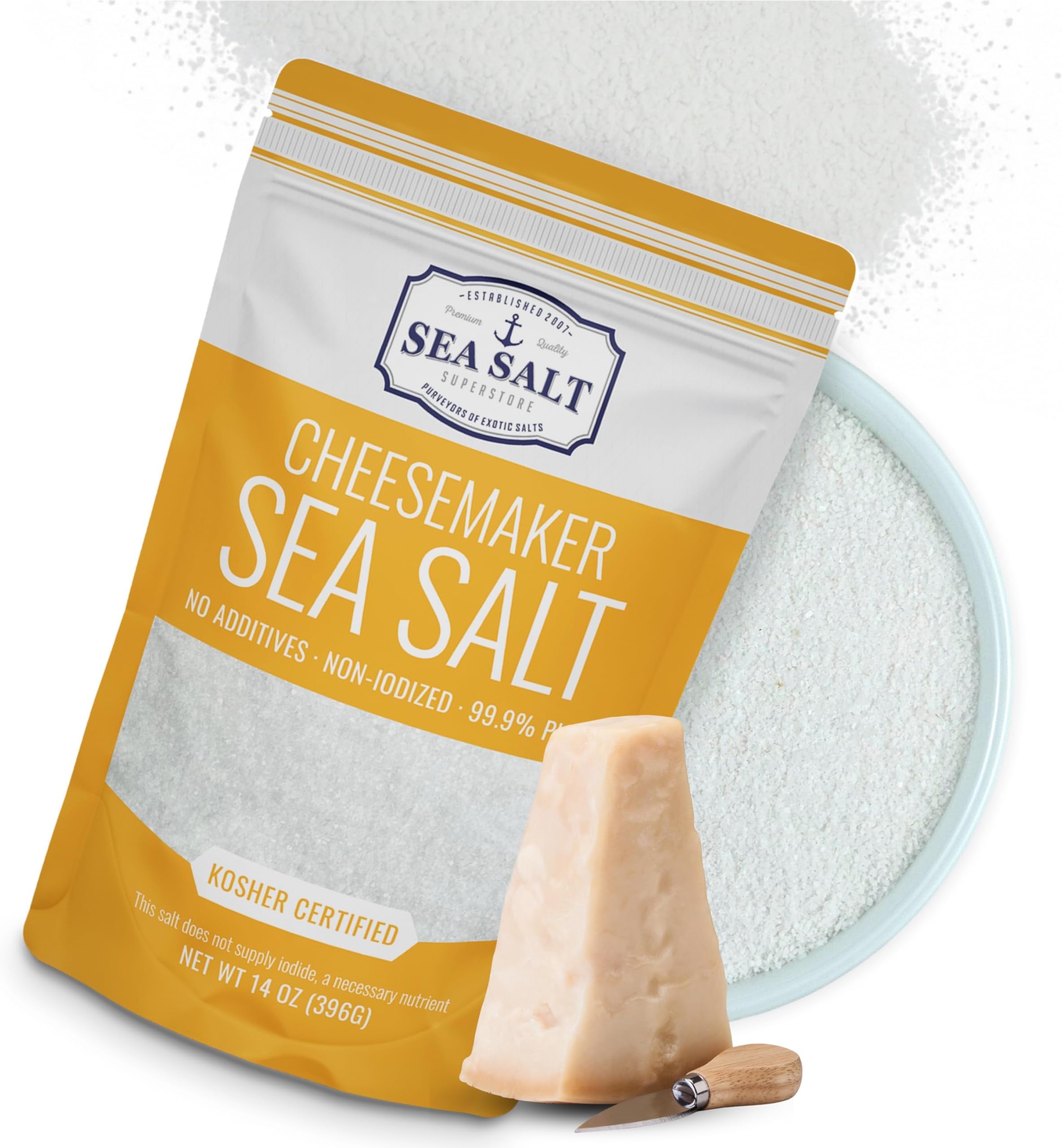 Fine Sea Salt for Homemade Cheese Making, Gluten-Free and Non-Iodized, Flaky Salt, Kosher Cheese Kit Essential, 14 oz Bag