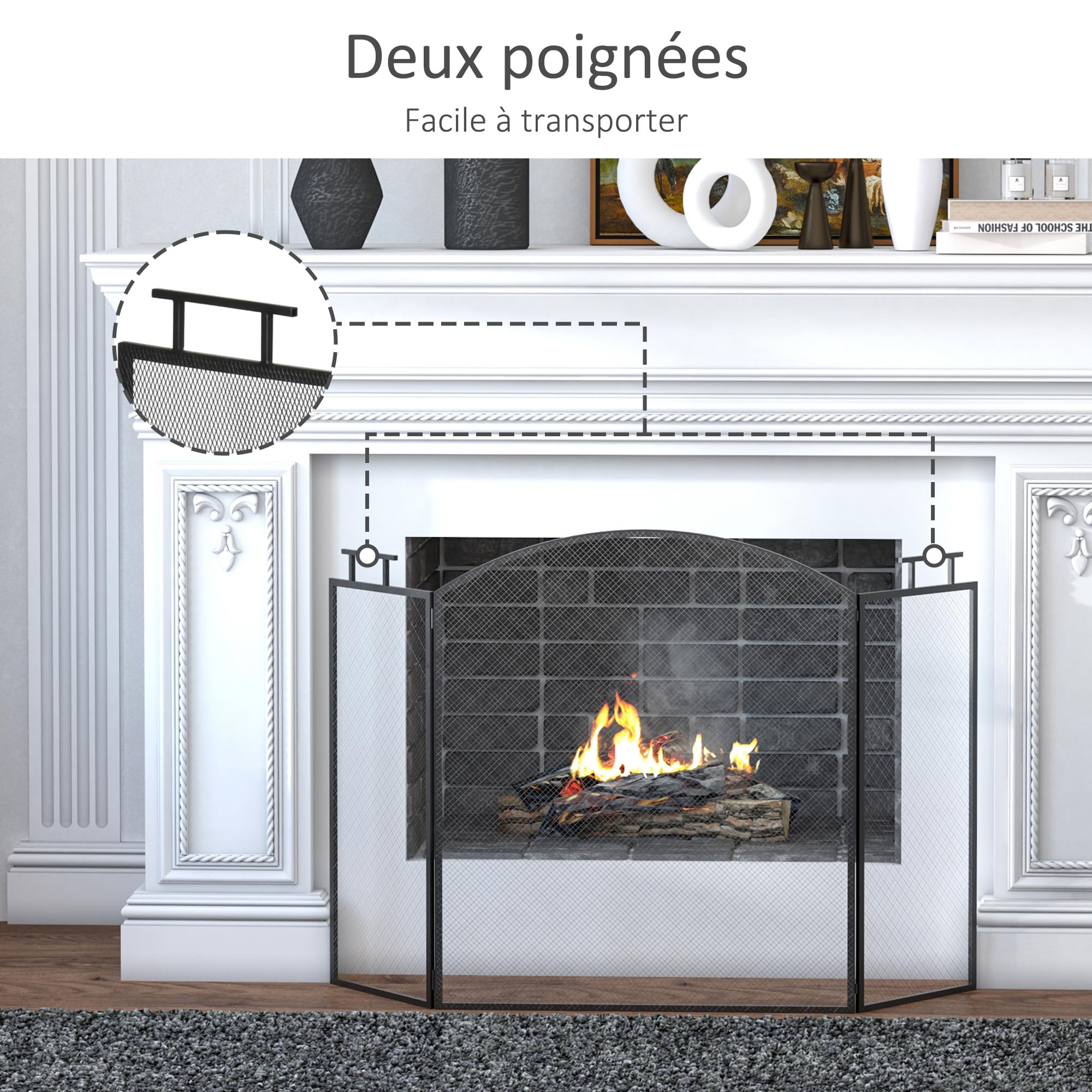 HOMCOM Pare-feu pour cheminée ou poêle 3 Volets Pliables 110x24x76,5 cm Acier Noir