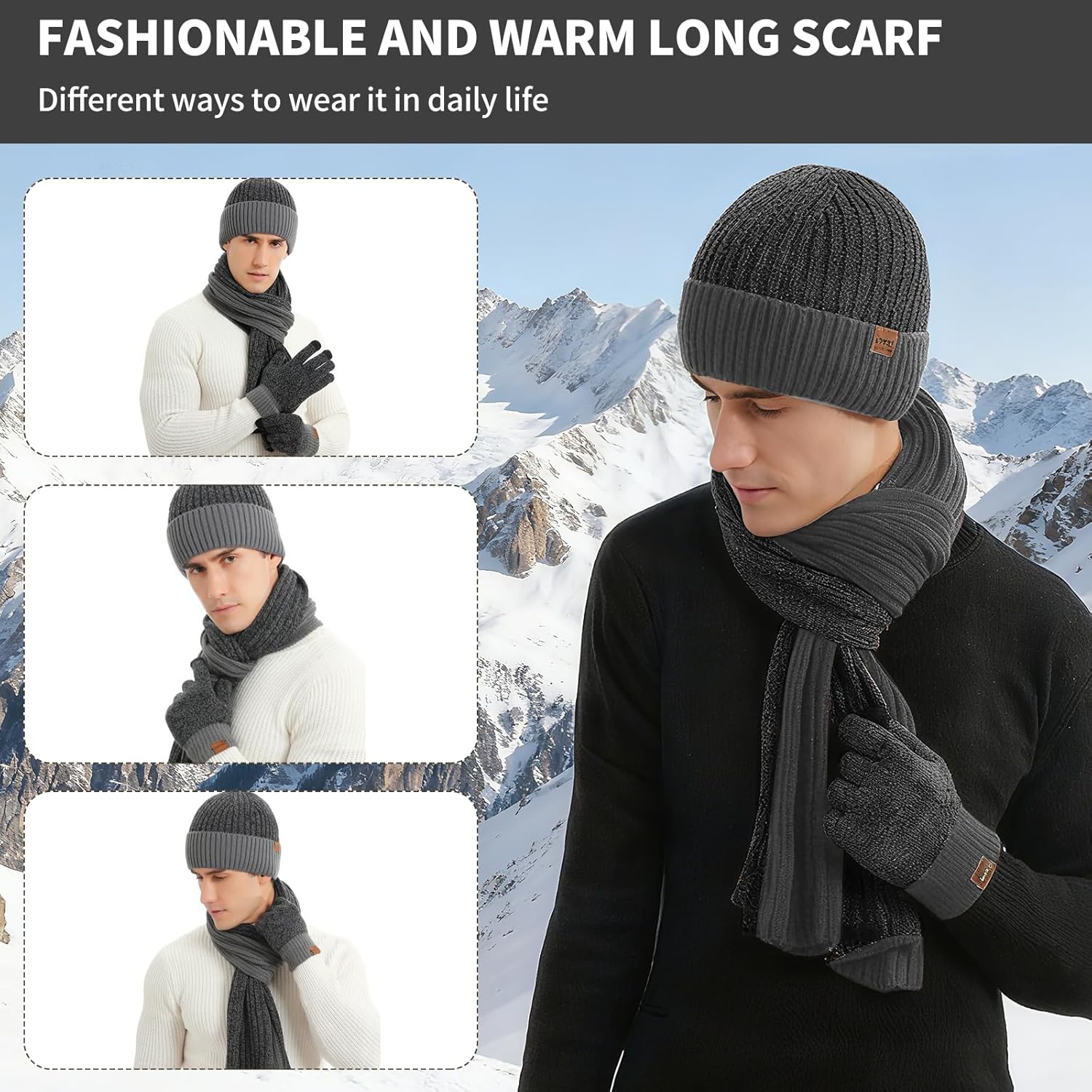 Mens Winter Beanie Hats Scarf for Men with Touchscreen Gloves, Warm Long Scaves Fleece Lined Hats Knit Gloves Set Gifts - Image 6