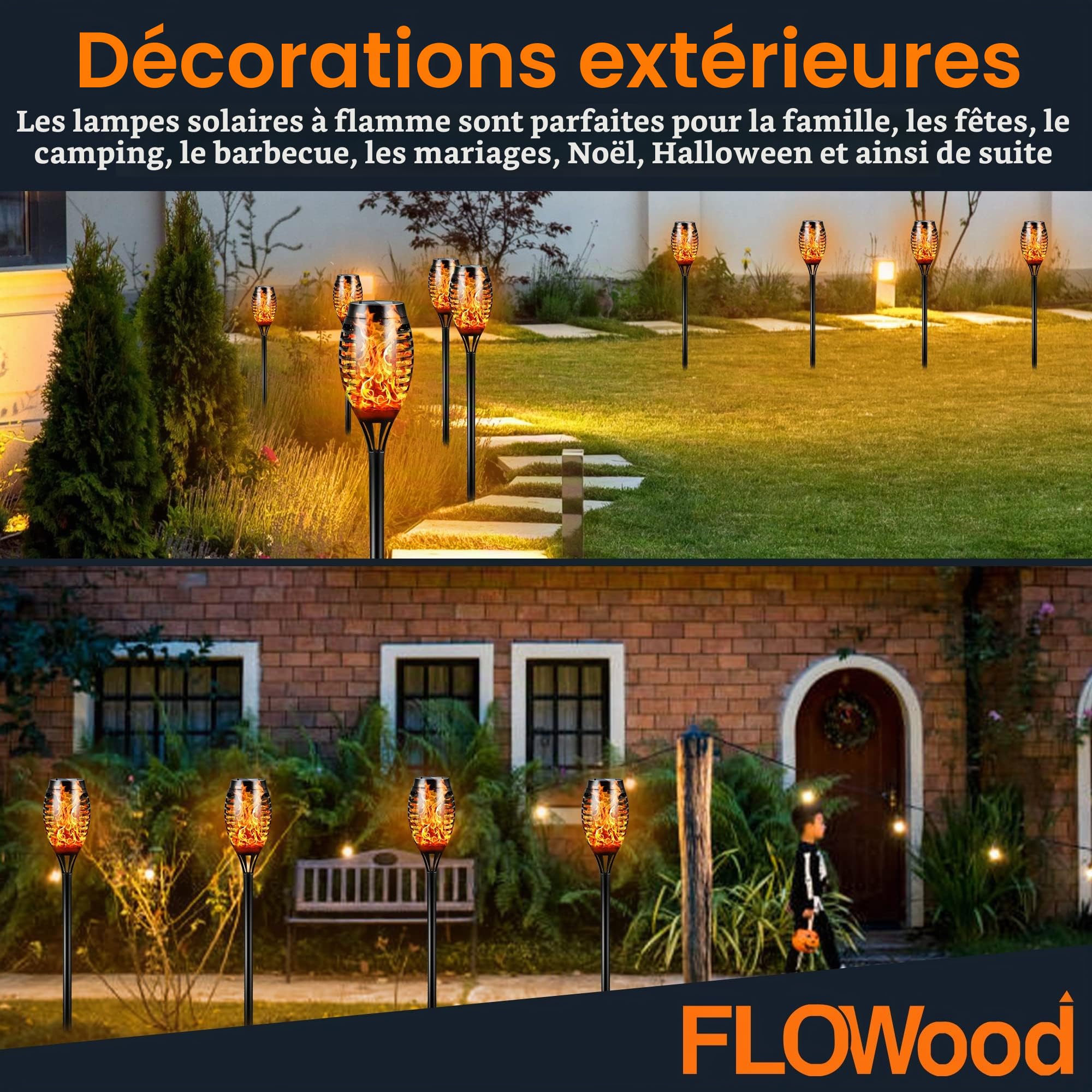 FLOWood Lot de 8 lampes solaires d'extérieur de 53 cm de haut - Flamme dansante vacillante - Étanche IP65 - Éclairage paysager - Marche/arrêt automatique - Pour jardin, terrasse, cour, allée, pelouse