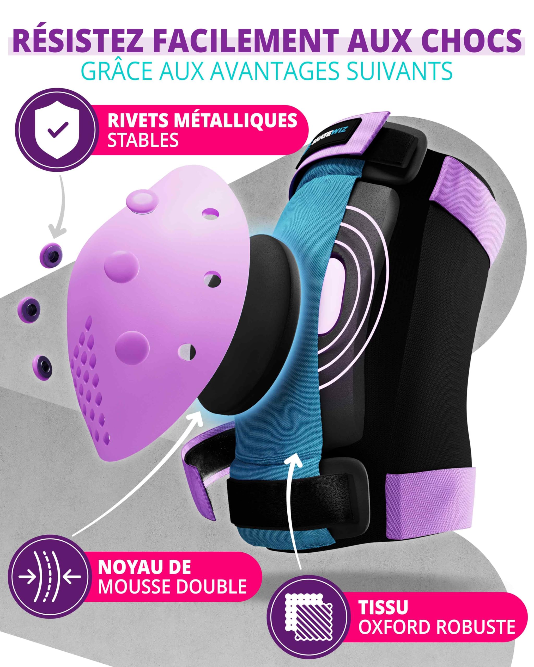 SKATEWIZ Protection Roller Enfant & Adulte pour Skateboard, BMX, Velo - Smash - Patins à roulettes [6pc] - Genouillère Enfant Skate - 5