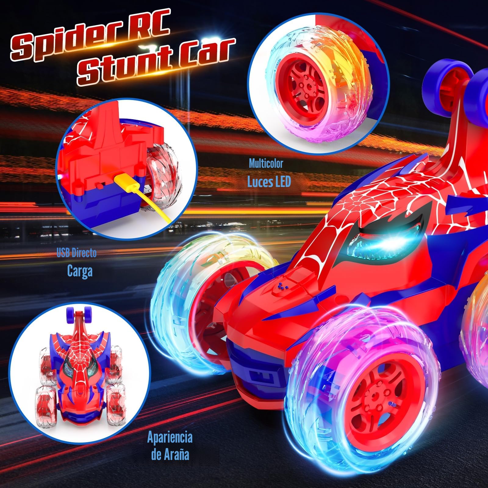 Coche Teledirigido Spider, 2.4Ghz Radiocontrol Monster Truck con Luces RC Juguetes Niños Niñas 3 4 5 6 7 8 9 10 11 12 Años, 360° Carro Telecomandado Infantiles Regalos Cumpleaños Navidad