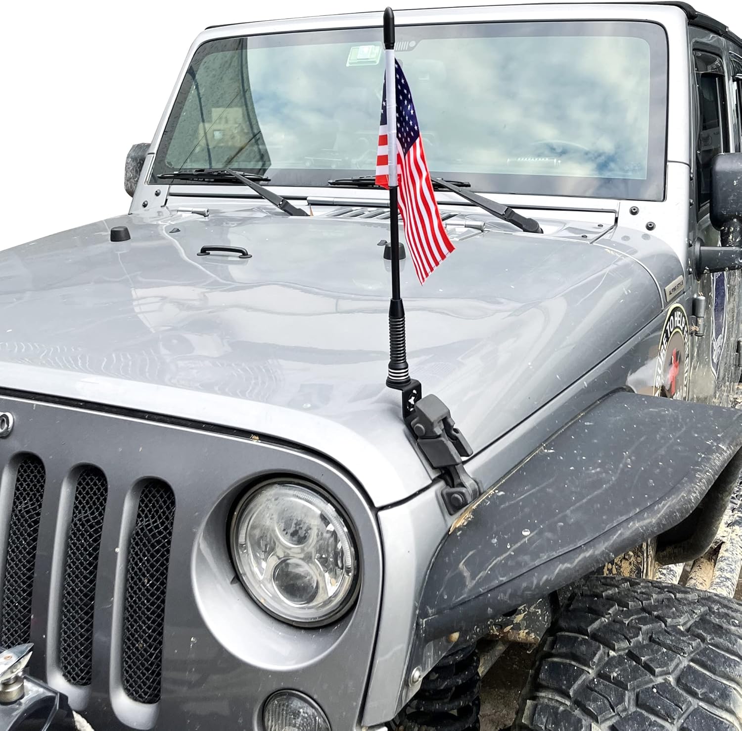 Flag with Pole and Mount Holder for 2007-2018 Jeep Wrangler JK Unlimited 2 Door 4 Door Accessories Hood Latch Mounting Whip Flag Bracket 360° Adjustable Aluminum Alloy Black