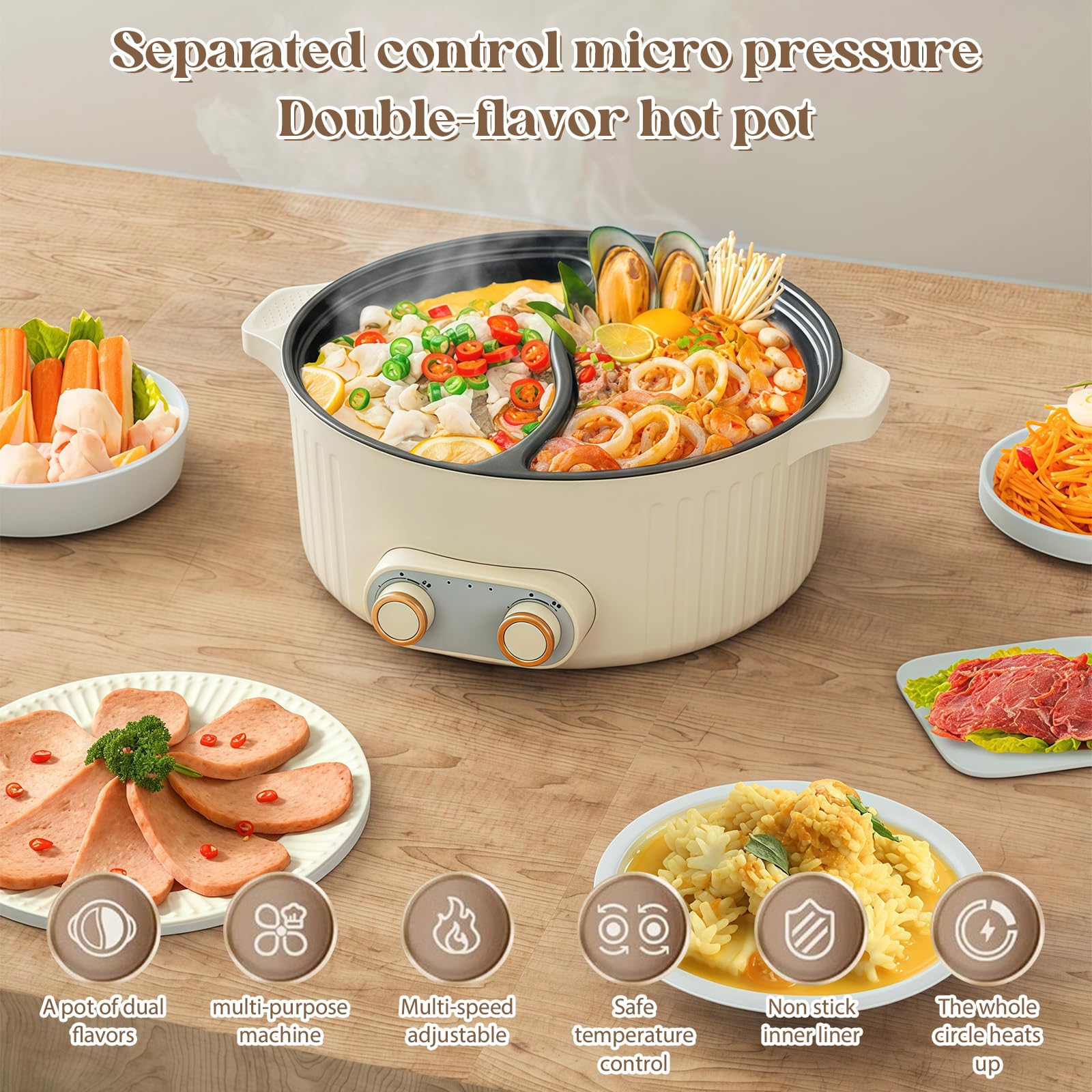 Hotpot elektryczny garnek 5 l, 2000 W, przenośna, wielofunkcyjna, nieprzywierająca patelnia z szybkim ogrzewaniem i podwójnym pokrętłem, do mieszkania, na kemping, 2 poziomy regulacji temperatury
