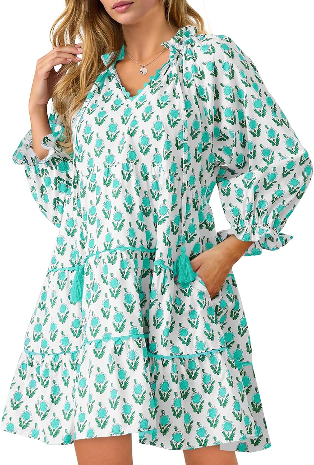 Wenrine Womens Casual Mini Dress Long Sleeve Floral Ruffle V Neck Fall Loose Boho Babydoll Dresses with Pockets Green