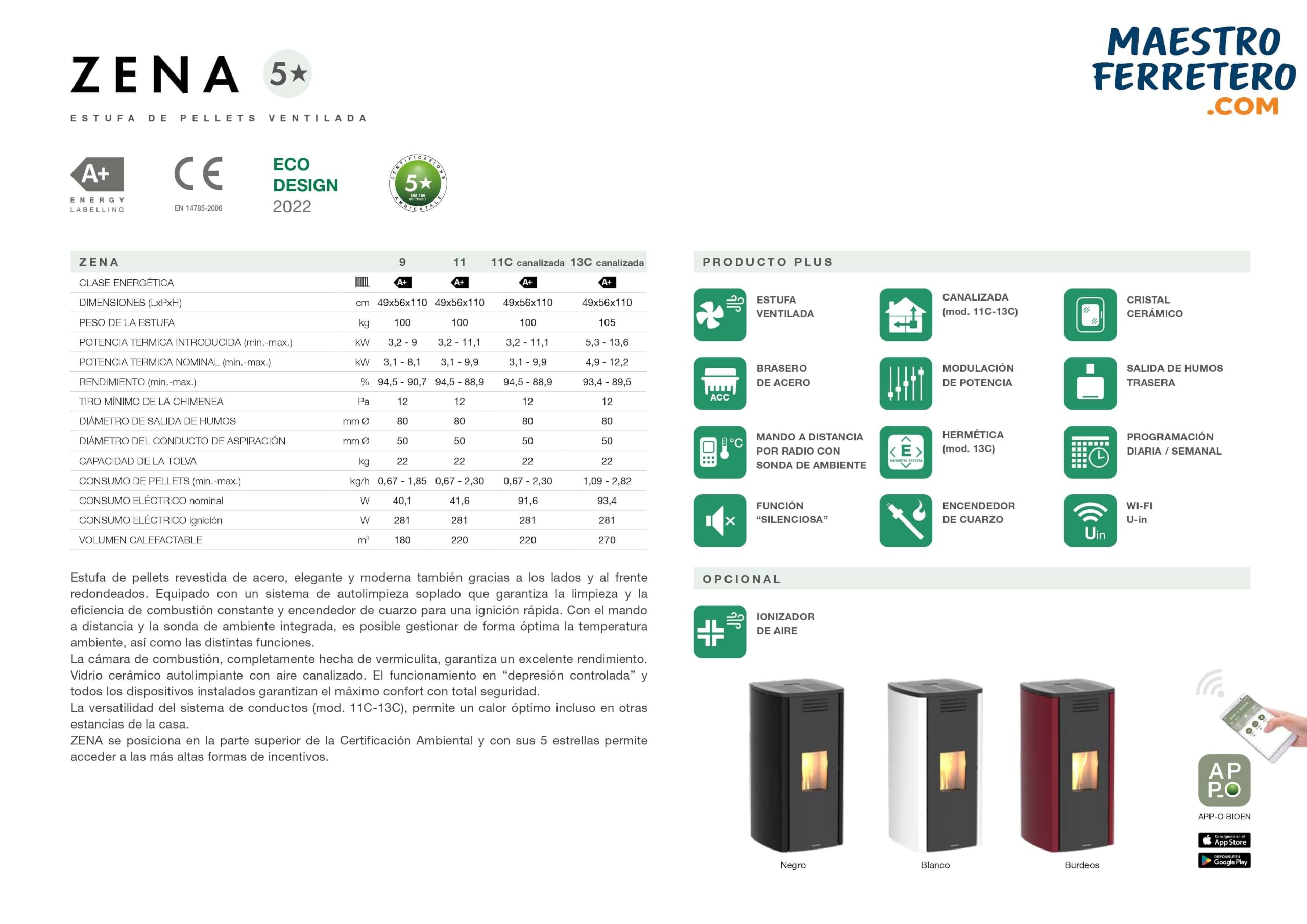 Estufa de Pellets Canalizable 11 kW ZENA V Negra hasta 90 m²
