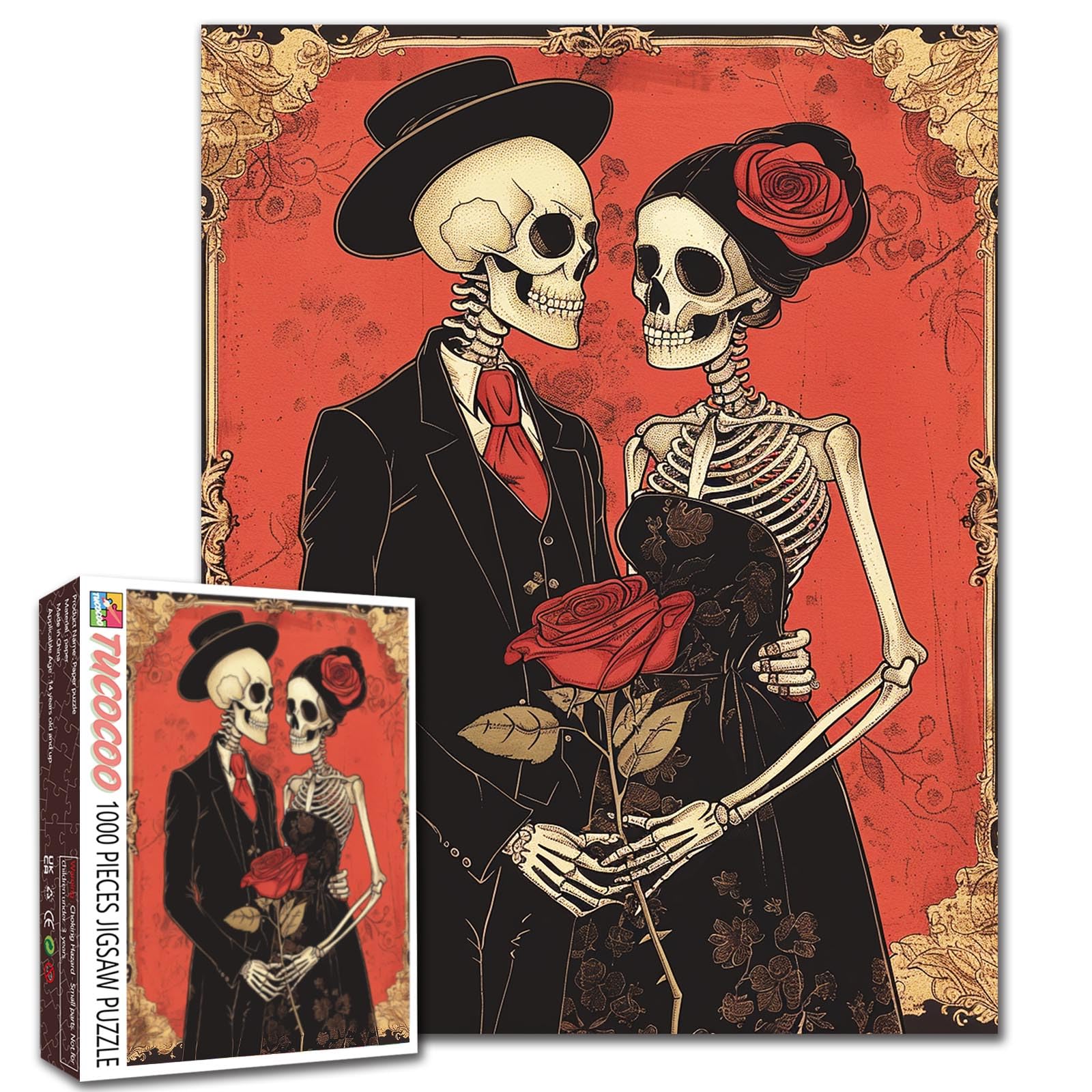 Tucocoo 1000 Piece Jigsaw Puzzles for Adults Skeleton Couple Painting Puzzle Skeletal Rose Flower Art 1000 Pieces Puzzles for Challenging Family
