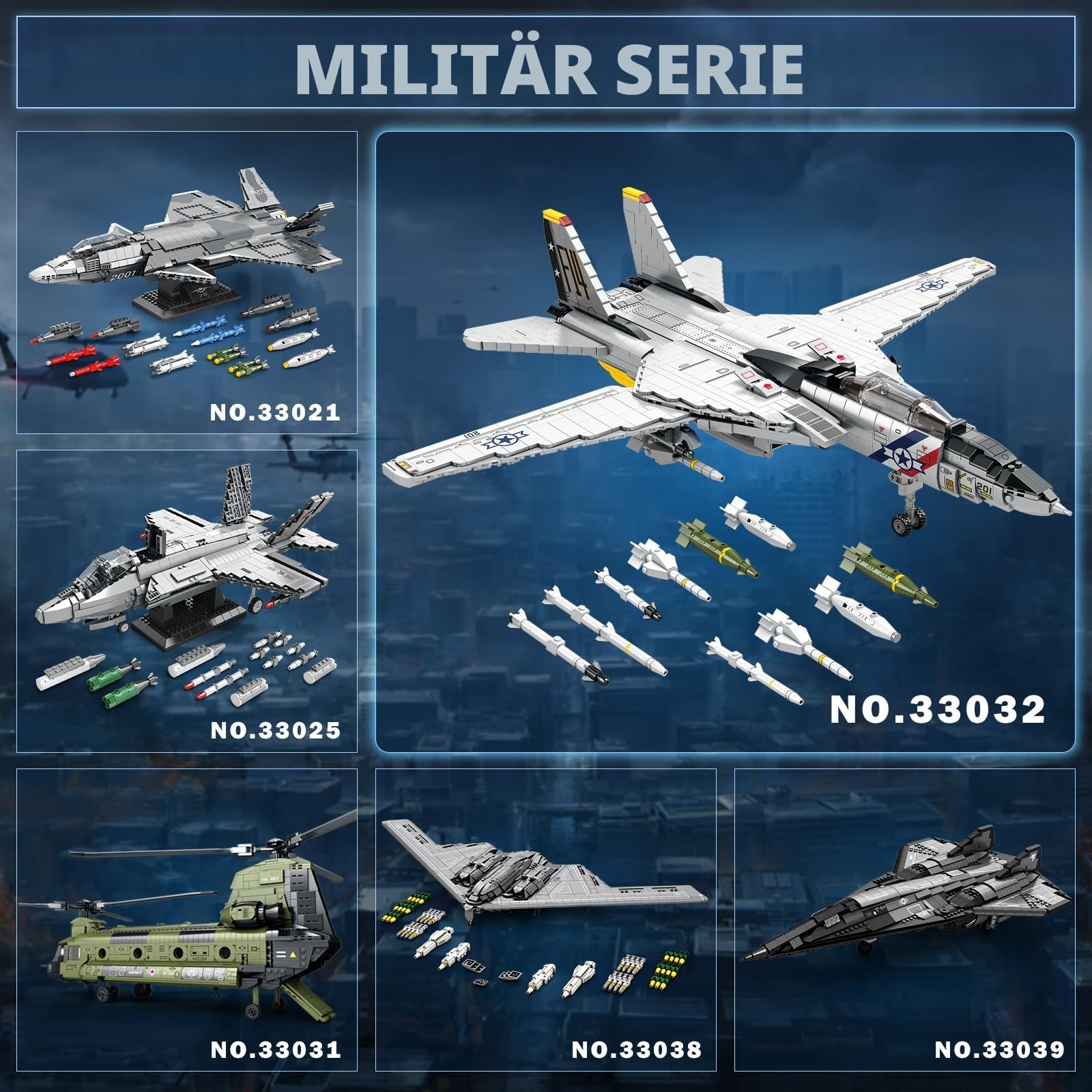 Reobrix F-14 Fighter Bauspielzeug-Set, Militär-Tomcat Kampfflugzeug Modell für Erwachsene, 33032 Flugzeug, Hobby, Fan, Sammlung, Dekoration, Geschenke für Männer, Kinder, Jungen, ab 14 Jahren (1600