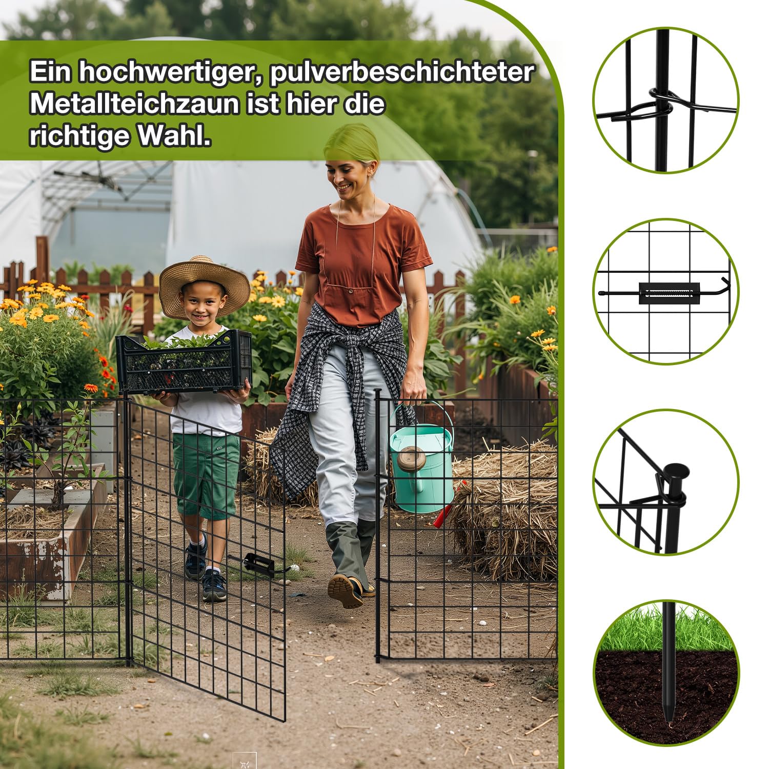 Dekorative Gartenzaun, Teichzaun Set 1 Tor+4 Teichzaun Steckzaun Metall mit Zaunelemente und Freigehege Gartenzaun Tiergehege, mit Schloss, Haustier Zaun (Gerade, Grün)