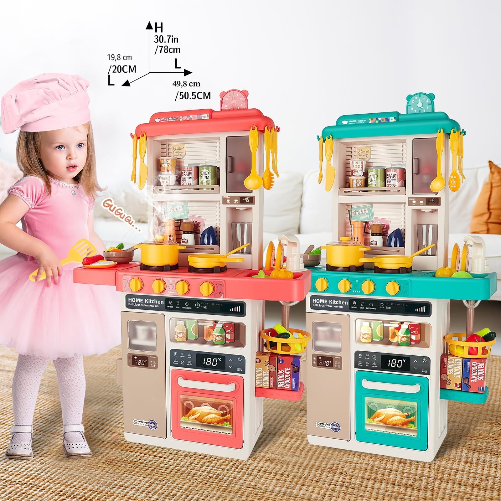 deAO Cuisine pour Enfants Interactive, 50PCS Accessoires Kitchen Toy | Rose | Avec Sons et Lumières, Comprenant Vaisselle, Aliments, évier, Four et plaques de Cuisson, kit de Cuisine, 78*50.5*20cm