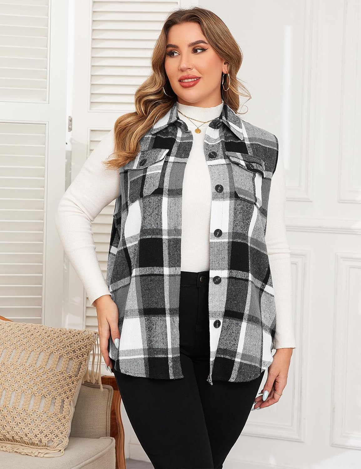 ZOMVA Plus Size 1X-5X Women's Flannel Plaid Long Vest Button Down Sleeveless Jacket Shacket Coat Casual Fall Fashion Outfits - Image 6