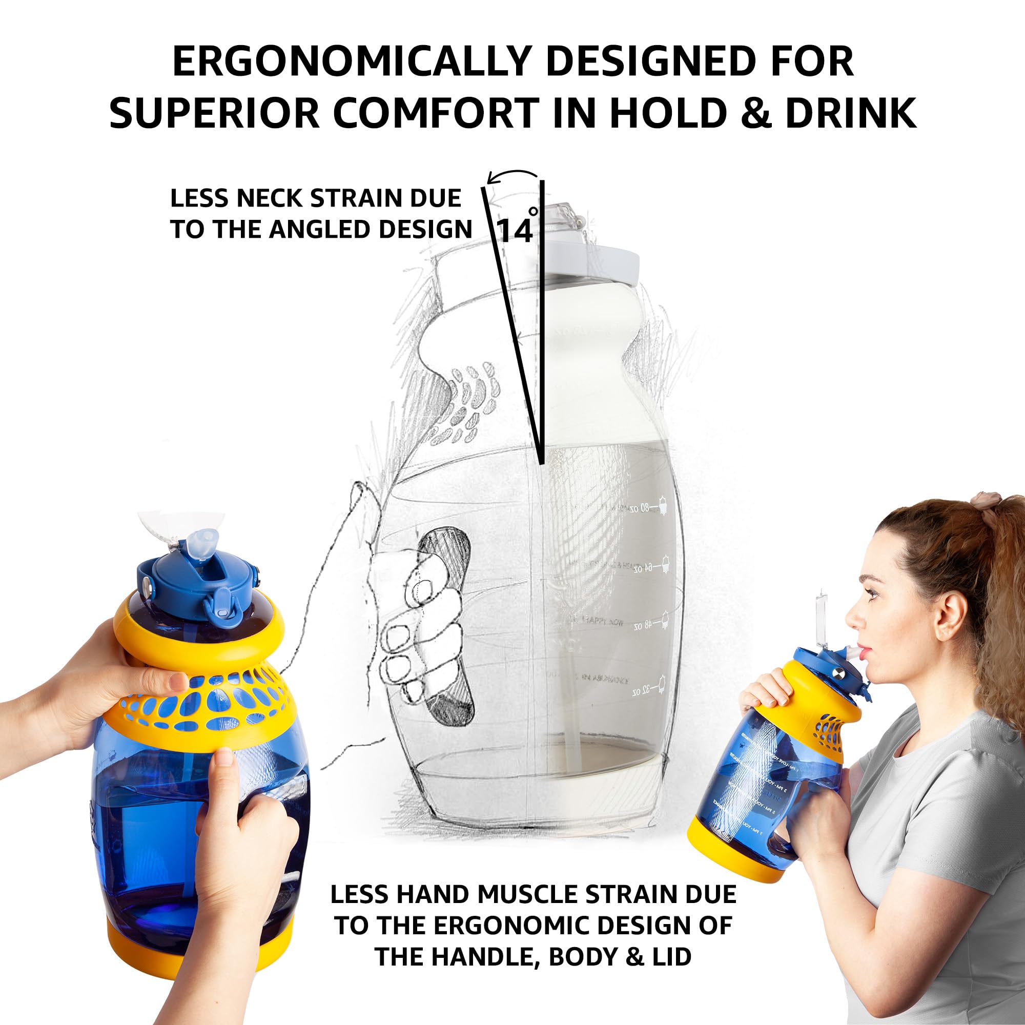 Ergonomische Wasserflasche mit Zeitanzeige, amerikanischer Tritan, 3,5 l Wasserkrug, Sport-Wasserflasche mit Strohhalm, Fitness-Wasserflasche mit Zeit, große Wasserflasche, Blau