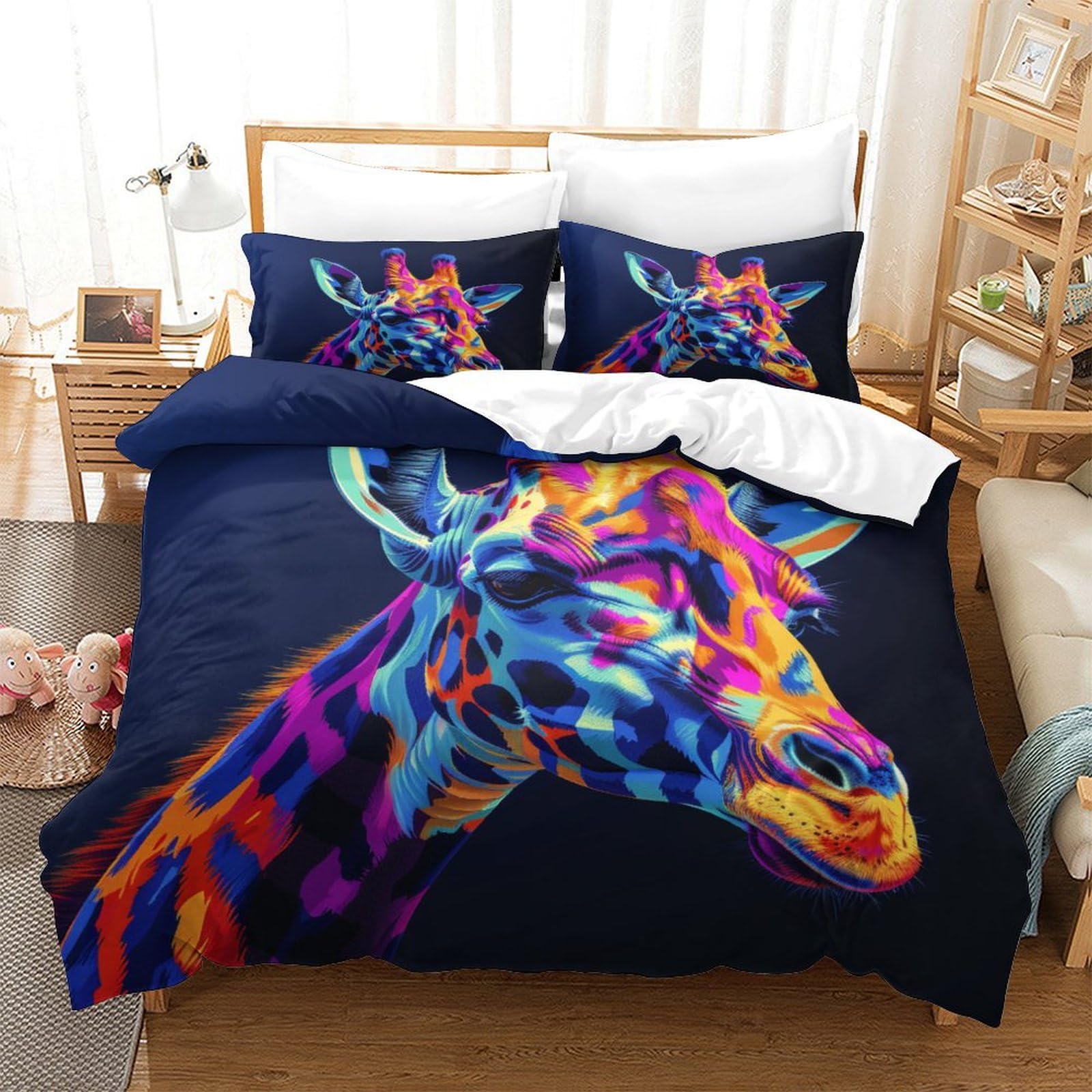 Parure de lit girafe en microfibre 260x220 cm avec housse de couette 3 pièces et taies d'oreiller