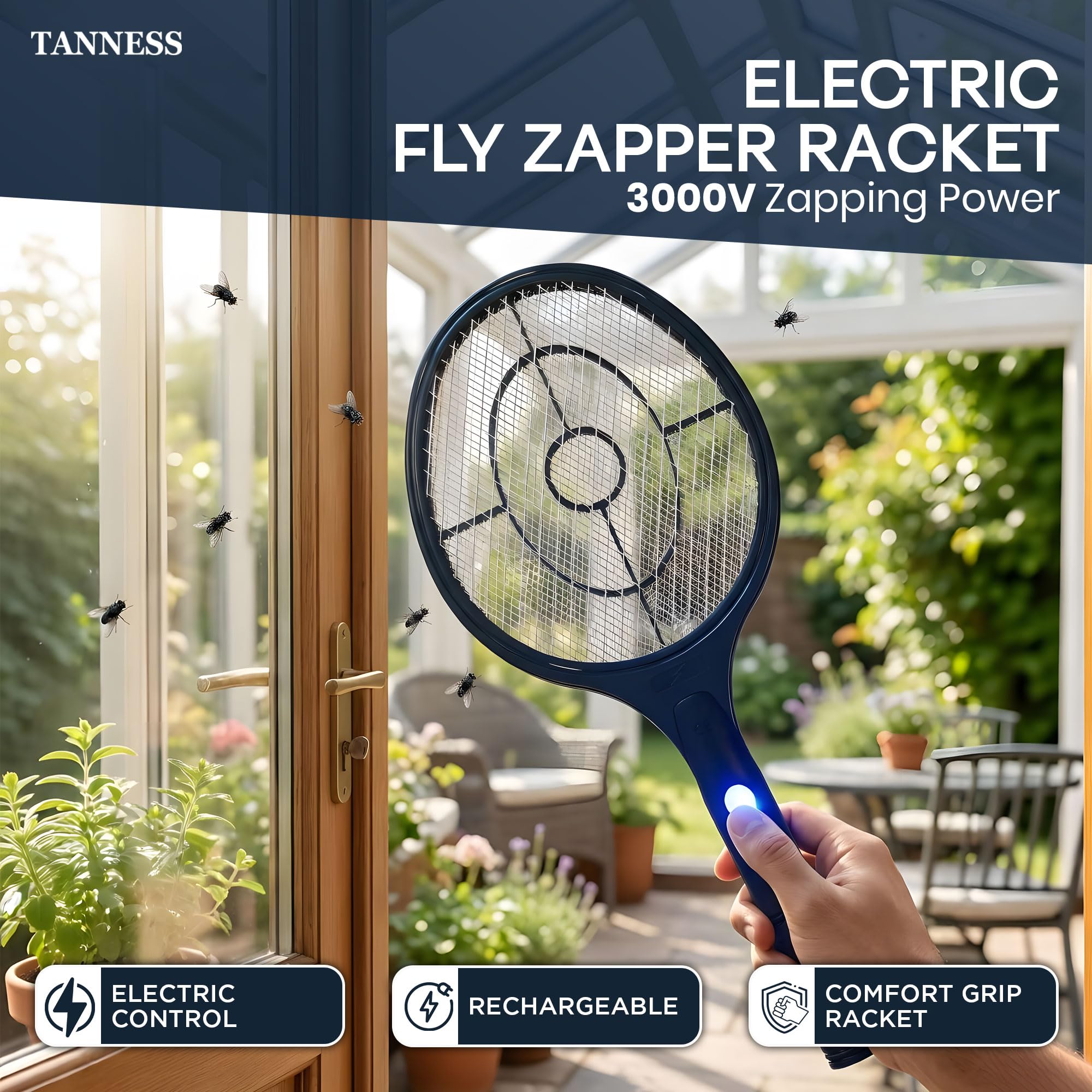 Tanness 1-Pack 3000V Rechargeable Electric Fly Zapper Racket, 22 x 50 cm, USB-C Charging, 4V 300mAh Battery, Indoor and Outdoor Use, 3-Layer Safety Mesh - 2