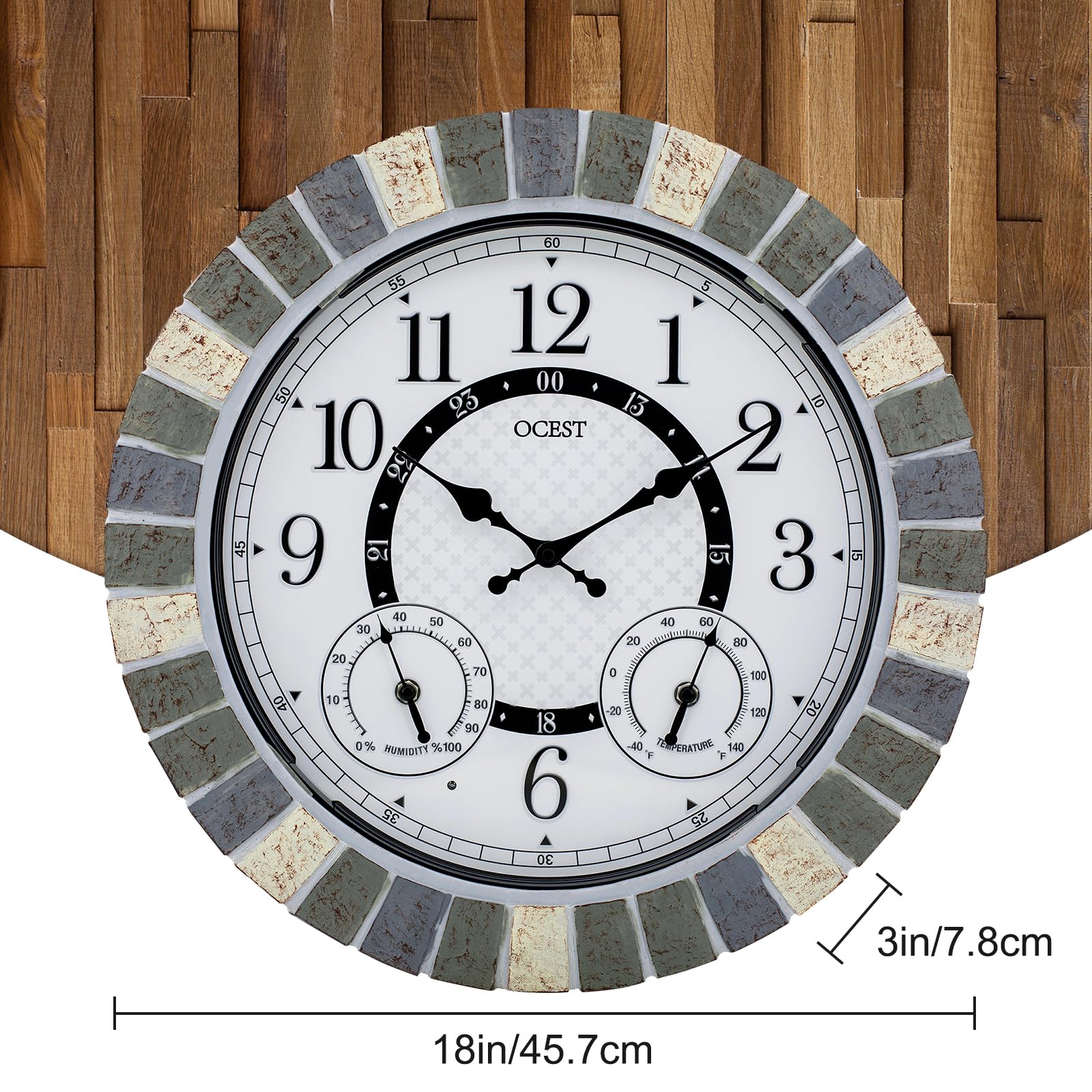 OCEST Reloj grande de 18 pulgadas para exteriores, impermeable, termómetro, higrómetro, luz nocturna, relojes de pared iluminados, funciona con pilas, silencioso, sin tictac, ideal para patio, jardín