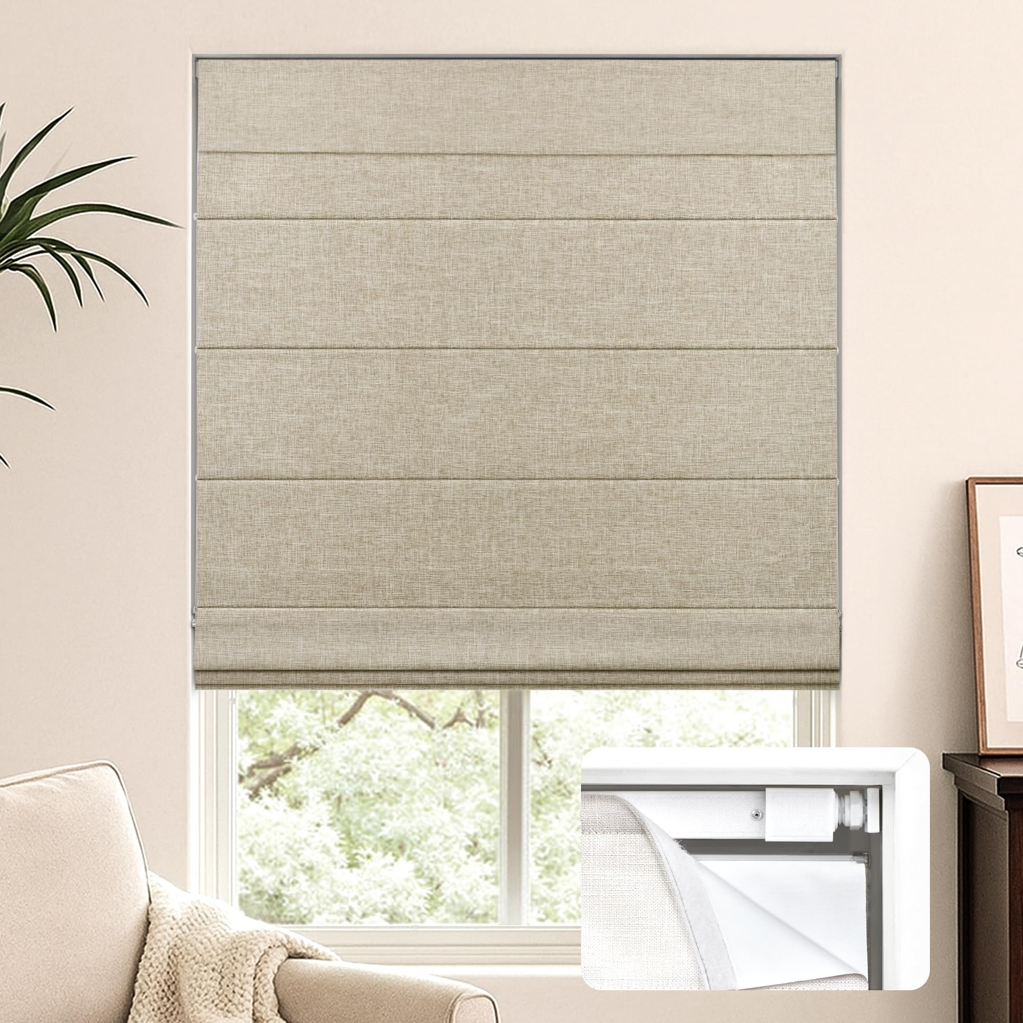 LazBlinds No Tools No Drill Cordless Roman Shades for Windows, Blackout Thermal Insulated UV Blocking Window Blinds, Lightweight Fabric Blinds for Indoor Windows, 45" W x 60" H, Blackout - Beige