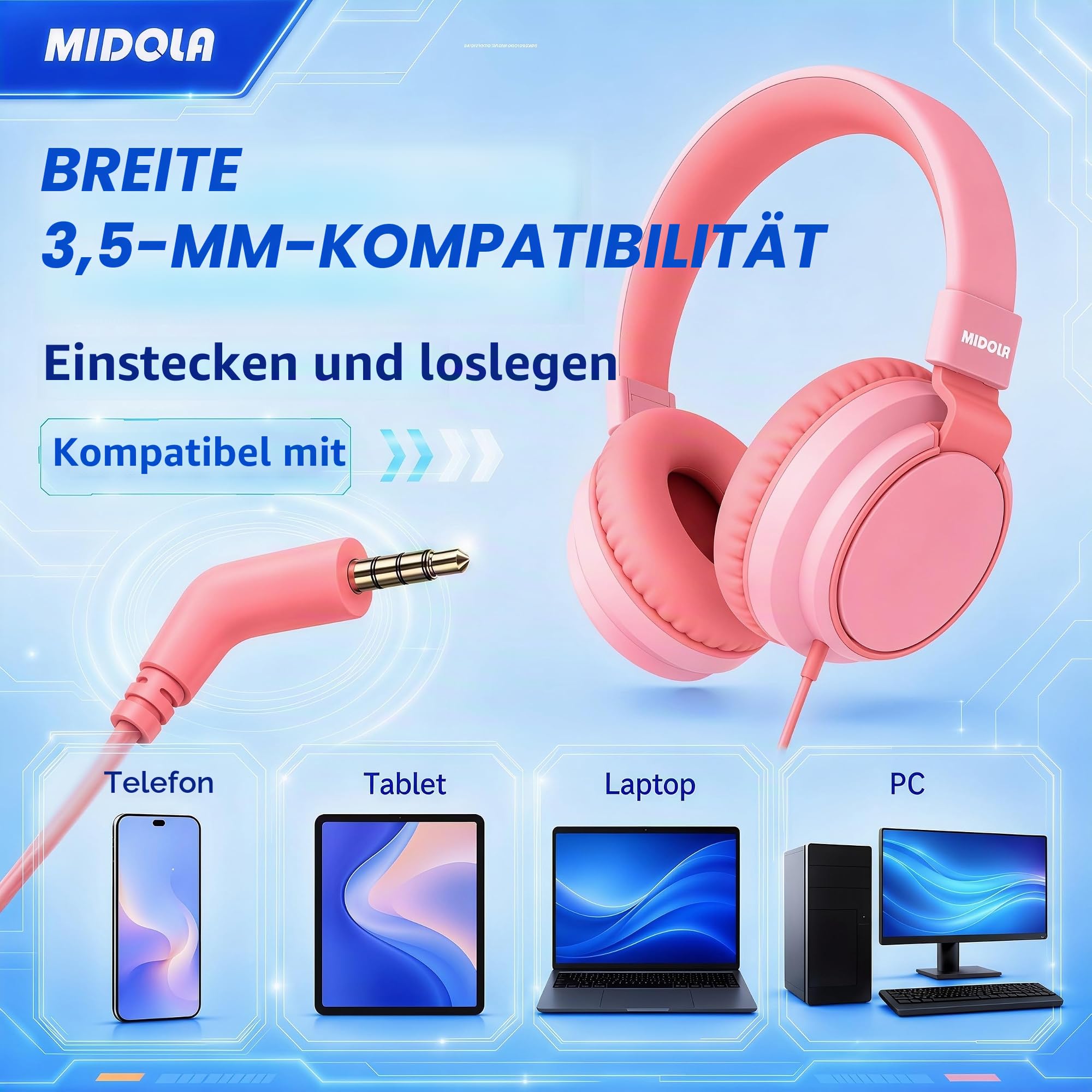 MIDOLA Kinderkopfhörer, kabelgebunden, Lautstärkebegrenzung 85/96 dB, Over-Ear/On-Ear, faltbares Headset mit Inline-Kabel, AUX-3,5-mm-Kabelmikrofon für Kinder, Jungen und Mädchen, Rosa