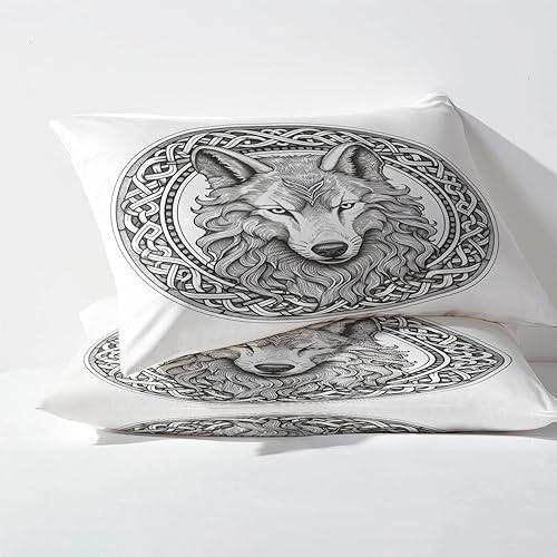 Miniatura 3 de Sábanas de lobo tamaño individual XL, sábanas de animales vikingos, sábanas y fundas de almohada estampadas de 3 piezas, sábana bajera ajustable de
