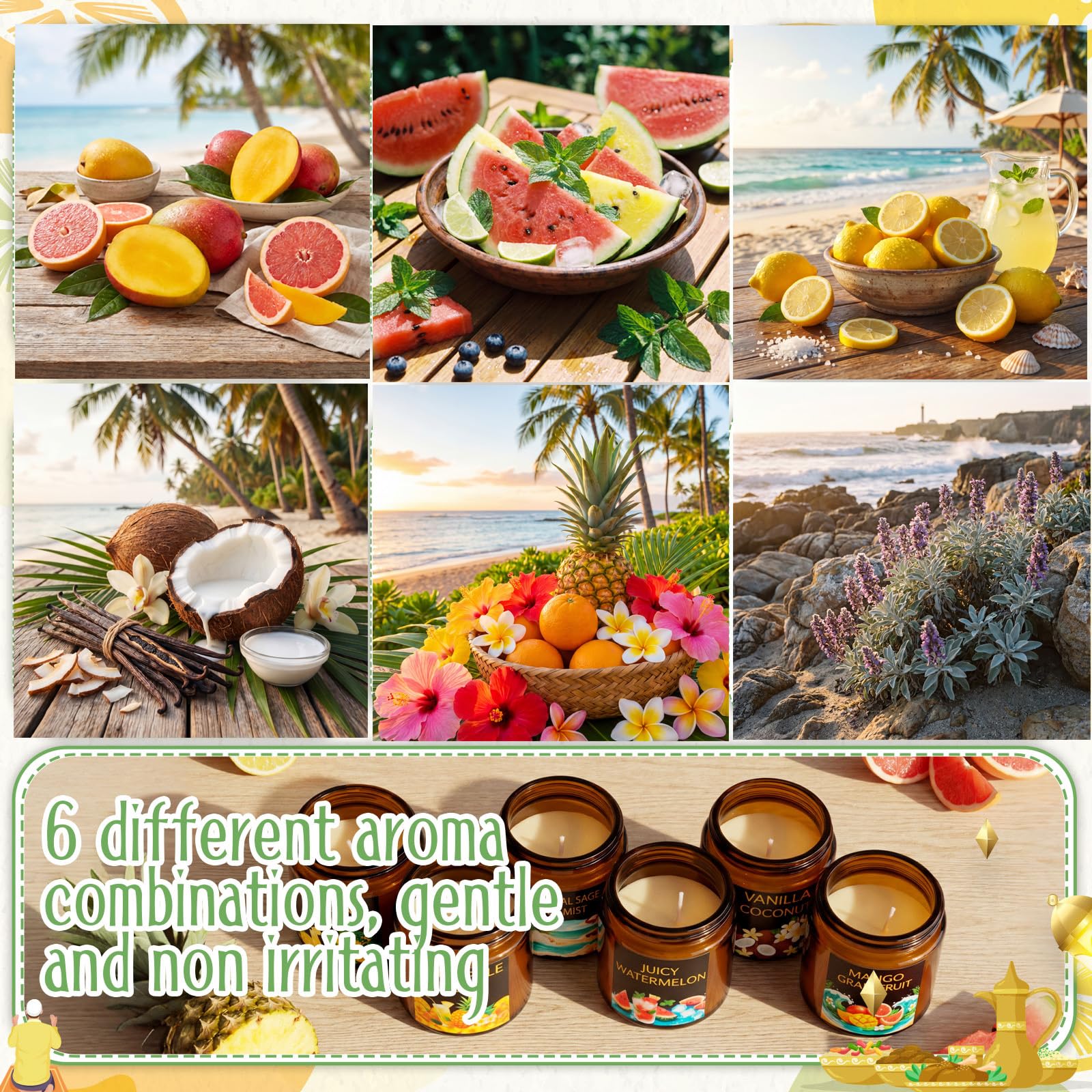 Conelist Juego de 12 velas perfumadas de cera de soja fructífera para el hogar, 3.5 onzas, 180 horas de combustión, regalo para hombres y mujeres, aroma de coco vainilla, piña, salvia de sal marina