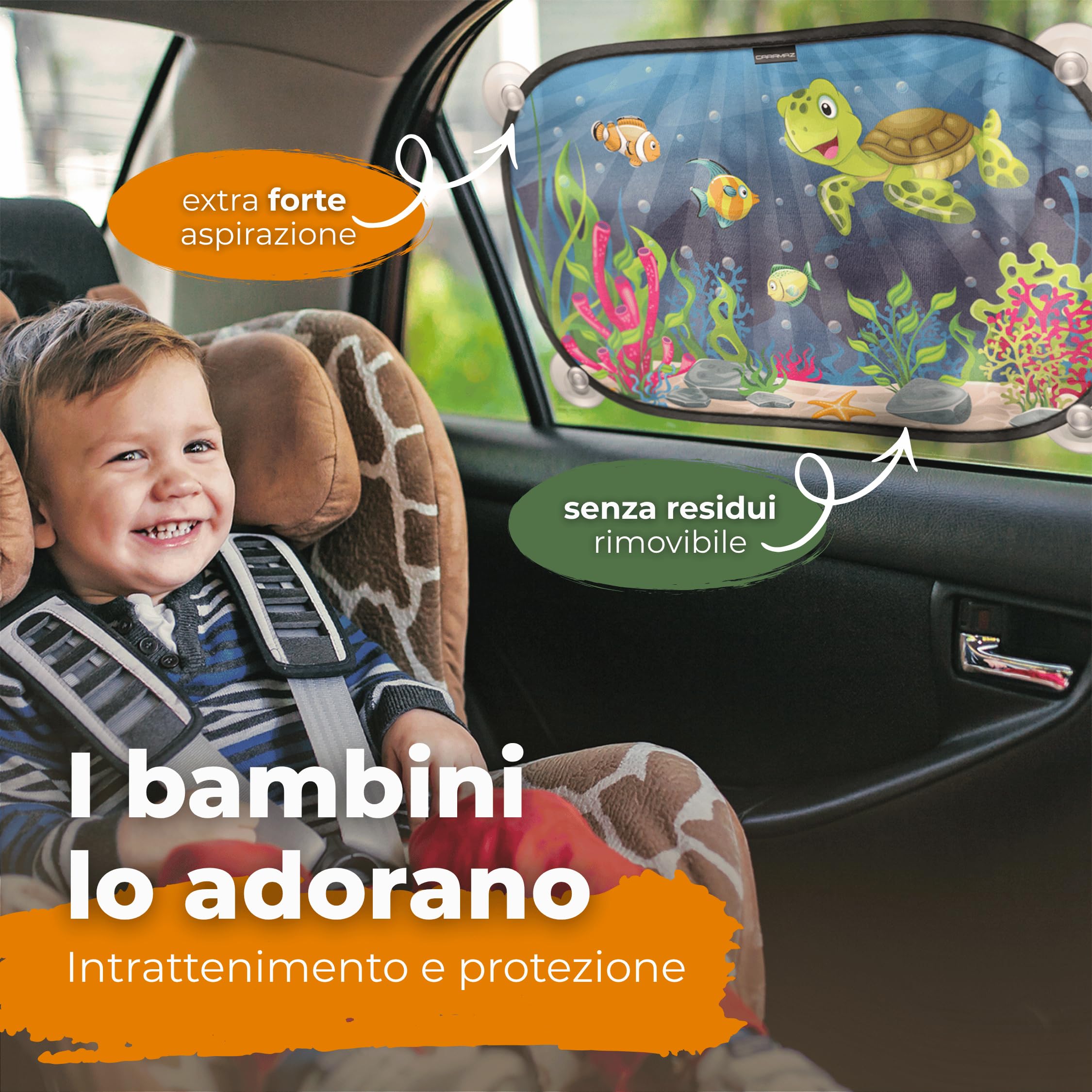 Tendine parasole bambini Buio Ottimale con protezione UV certificata - accessori auto, 2 pezzi 51x31cm, protezione solare raggi UV Design Tartaruga