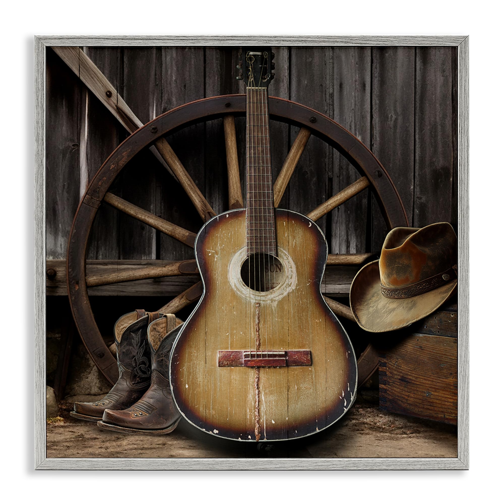 Stupell Industries Farmhouse Gray (Textured) Rustic Western Guitar Hat, 24 X 24 Inch Framed Giclée Print