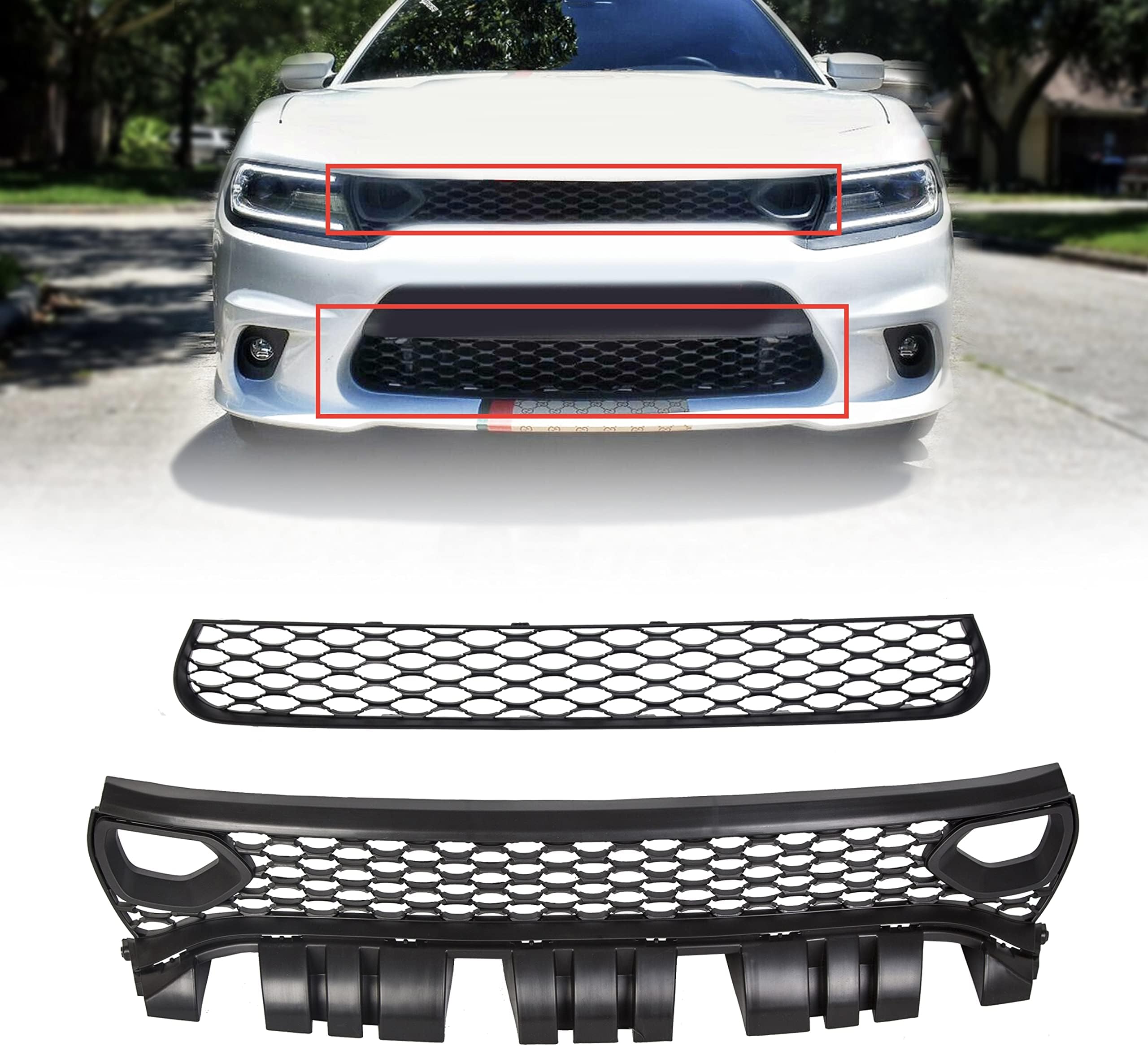 ECOTRIC Upper Lower Grill Compatible with 2015-2023 Dodge Charger SRT Scat Pack Daytona 68417502AA 68394592AA 68417505AB Air Inlet Dual Kit Mesh Grille Guard Bezels