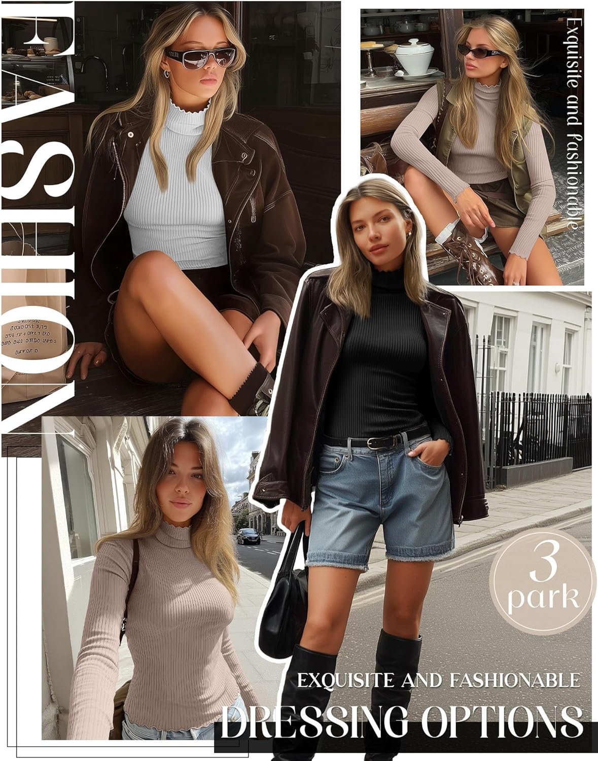 3 Pack Women's Turtleneck Cotton Shirts, Long Sleeve Ribbed Lettuce Trim Mock Neck Slim Fit Tops Soft Base Layer(Black, White, Khaki,Small) - Image 3