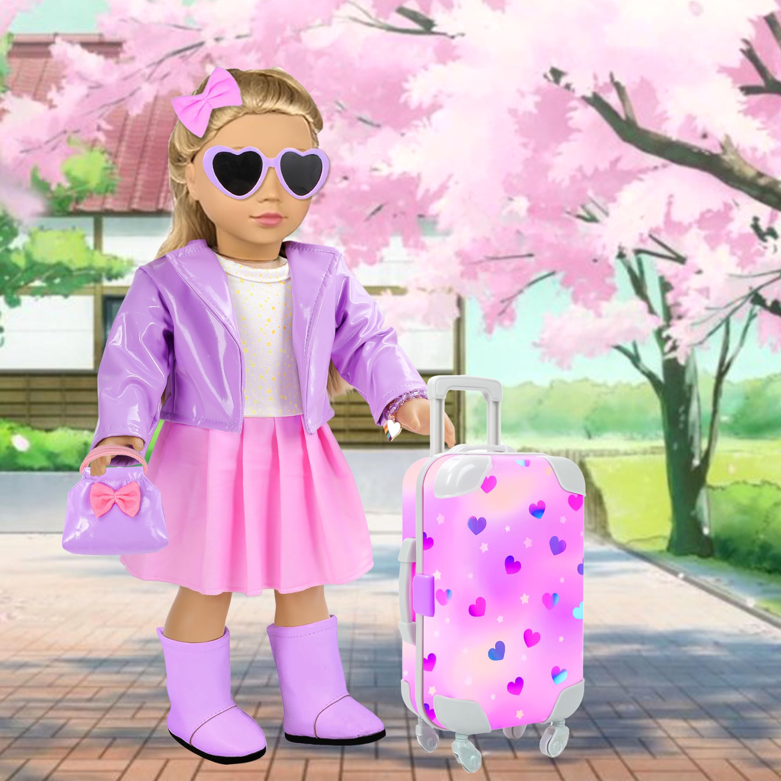 American - Estuche de accesorios para muñecas de 18 pulgadas, juego de maquillaje de viaje con ropa, bolsa de mano, gafas de sol, sombra de ojos, lápiz labial, horquilla, pulseras, cepillo de pestañas