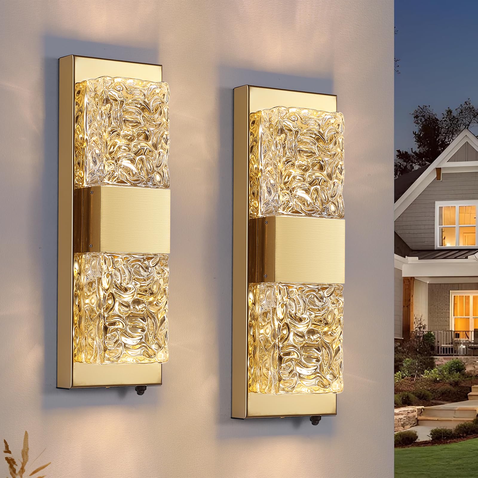 HITOO 2 Pack Gold Wall Light Outdoor Mains Powered, IP65 Waterproof Crystal Wall Lights with Dusk to Dawn, 14'' Modern Wall Sconce for Front Door, Porch, Garage Warm White 3000K — image 1