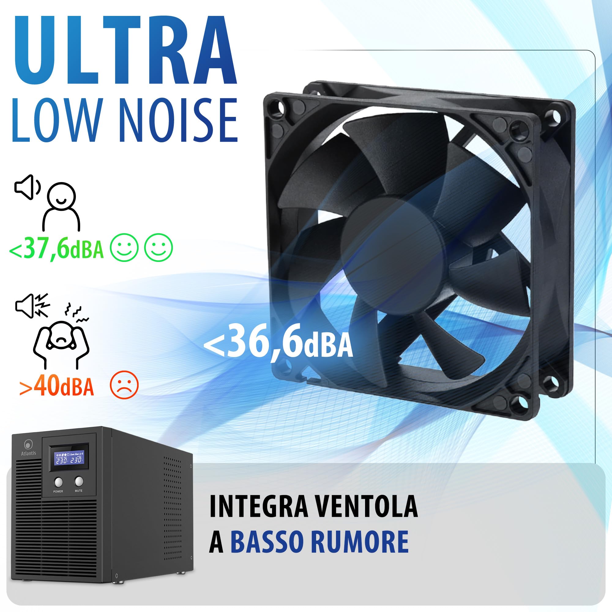 Atlantis Gruppo di Continuità Low Noise 3000VA/2100W, onda sinusoidale pura | UPS Line Interactive, 36,6 dB(A), LCD, USB-HID, 3 IEC + 2 Schuko, RS232, Slot SNMP, 4 batterie 12V 7Ah, cod. A03-HP4003PXLN
