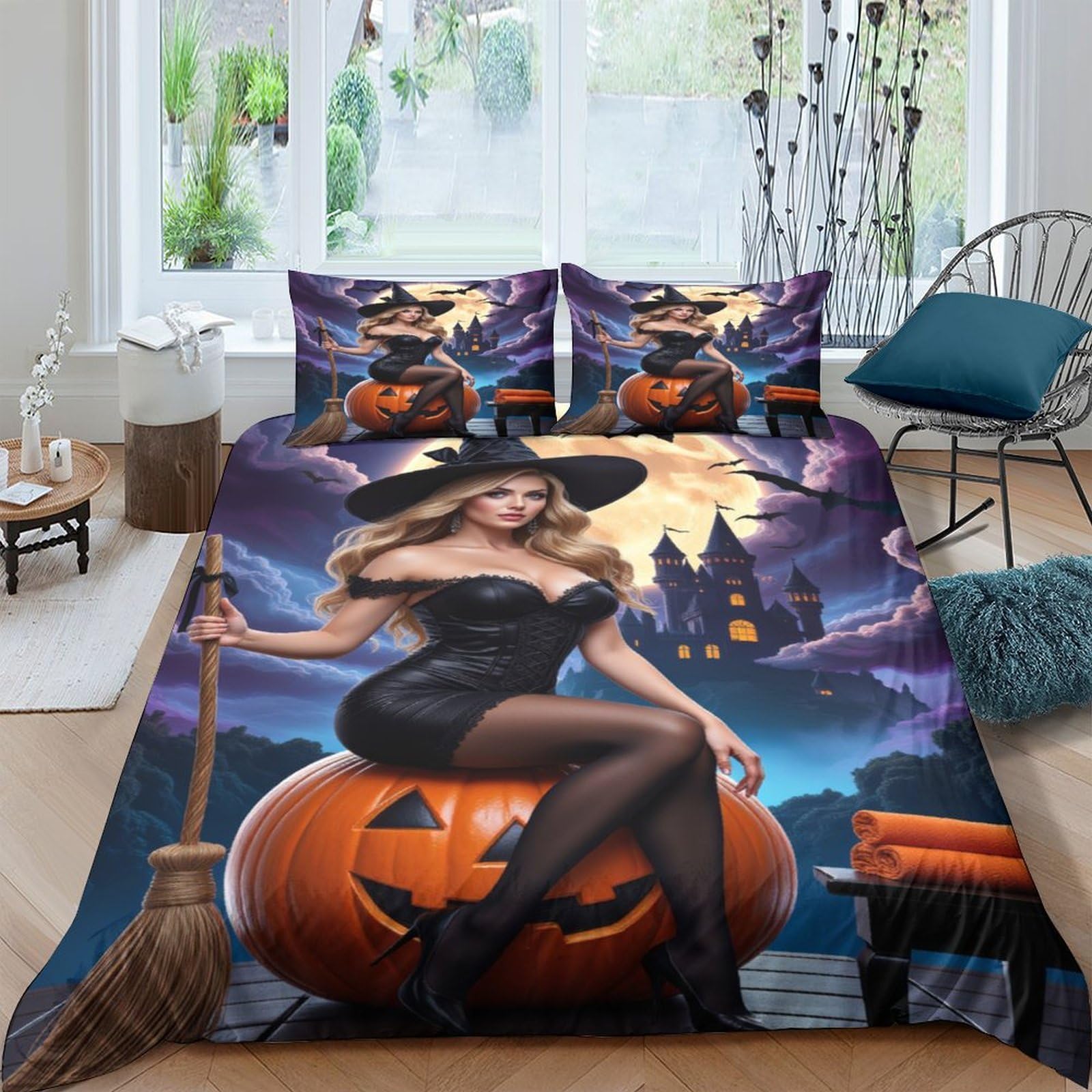 Ctjqhvkz Style-10 3D Printed Witch Pumpkin Castle Fitted Sheet Microfiber Soft Bed Cover Halloween Bedroom Decor Machine Washable Single（135X200cm）