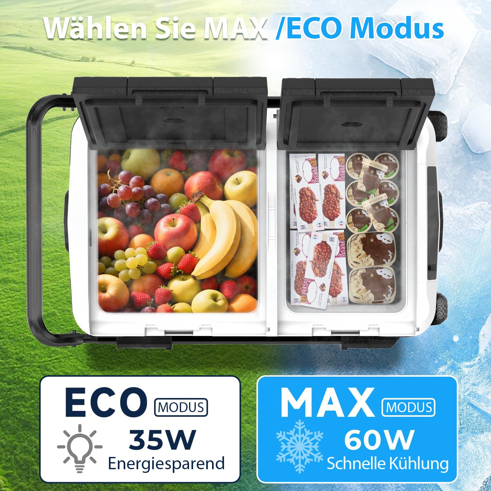 AS 40L Kompressor Kühlbox Dual Zone, Elektrische Kühlbox 12V /24V mit APP Steuerung, -20°C Tragbare Gefrierbox, kühlschrank mit Rollen und Teleskopgriff für Auto, LKW, Camping und Wohnmobil