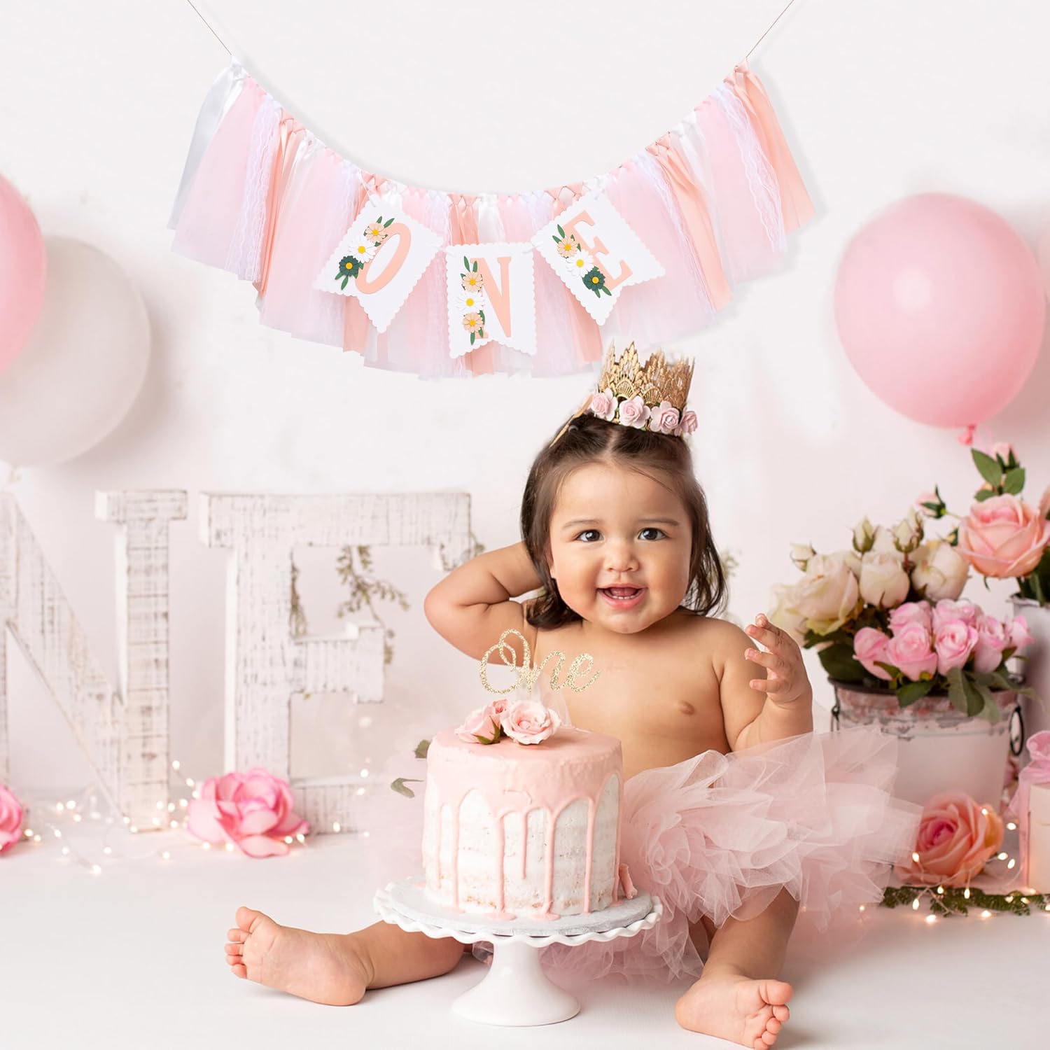 Wild Flower High Chair Banner - Pink Floral Wildone Party Supplies , Daisy One Birthday Highchair Banners , Our Little Wild Flower Is Turning One , Daisy 1st Photo Prop Cake Smash , Bohemian Wreath (Wild Flowers Pink)
