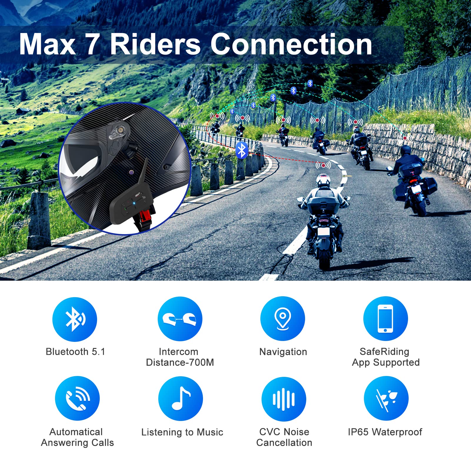 EJEAS V7 Motorbike Bluetooth Intercom,Auriculares de intercomunicador de motociclo,Conexión de 7 Personas,Distancia de intercomunicación 1500M,Reducción de Ruido CVC