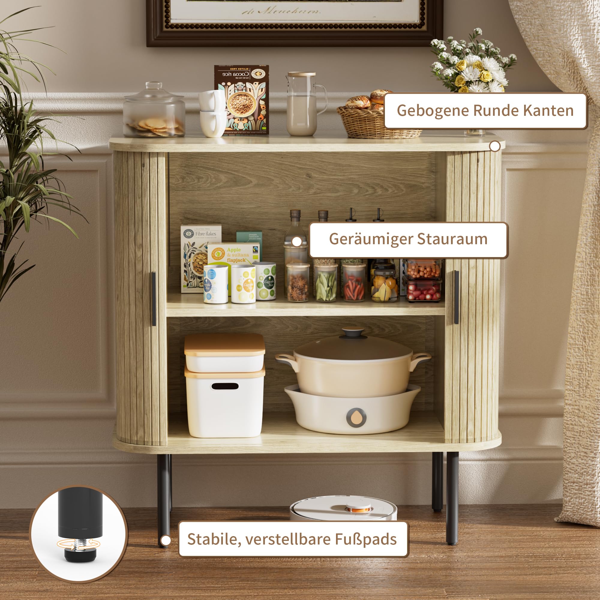 BonVache Aufbewahrungsschrank Buffet für das Wohnzimmer, Küchenschrank mit Tambour-Schiebetür, Aufbewahrungseinheit für modernes Esszimmer zu Hause, Natur