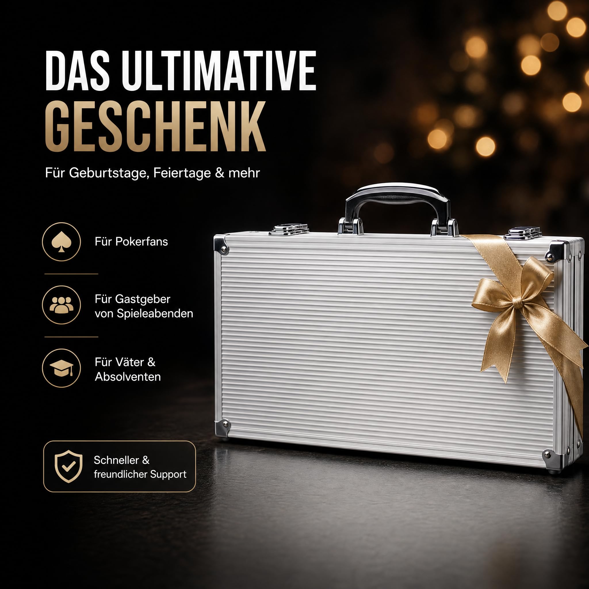 HEITOK Poker Koffer 300 Chips Set – 11,5g Pokerchips mit Wertaufdruck, Alu-Koffer, Karten, Würfel & Button | 2-8 Spieler, gut lesbare Werte, Blackjack, Karten, Würfel, Dealer und Small/Big Blind Buttons, Pokerrunden, Kartenspielabende