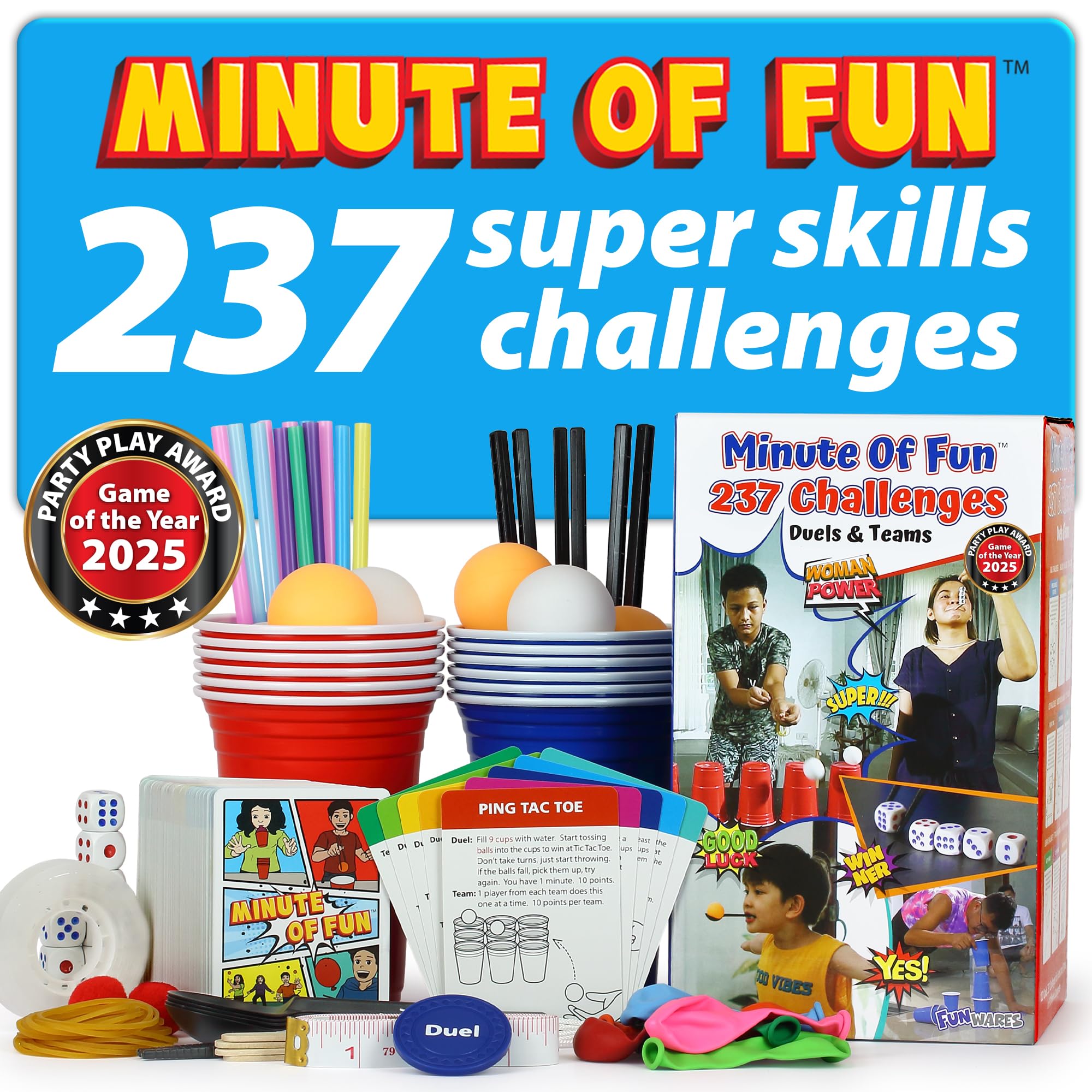 Funwares Original 237 Minute of Fun Games - Minute to Win It Family Party & Travel for Kids & Adults, 2-12 Players! Ready to Play Right Out of The Box!