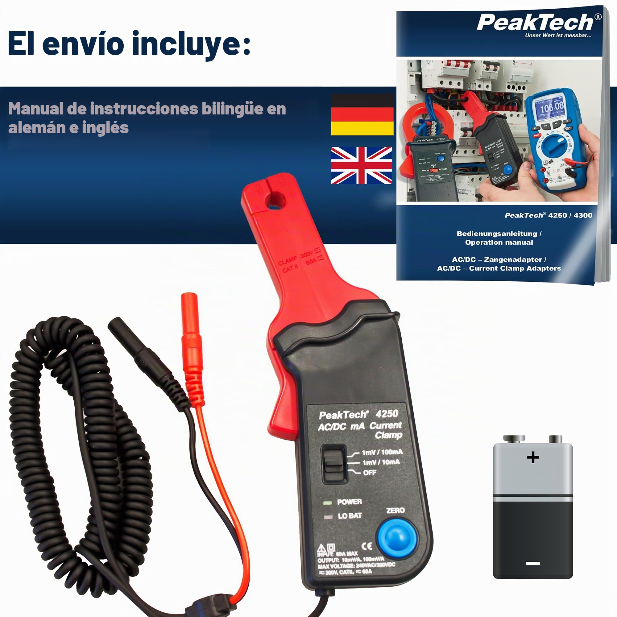 PeakTech, P 4250 Adaptador de pinza amperimétrica para multímetro AC/DC con clavijas de 4 mm Ajuste del punto cero para amperometría de corriente continua, medición de corriente