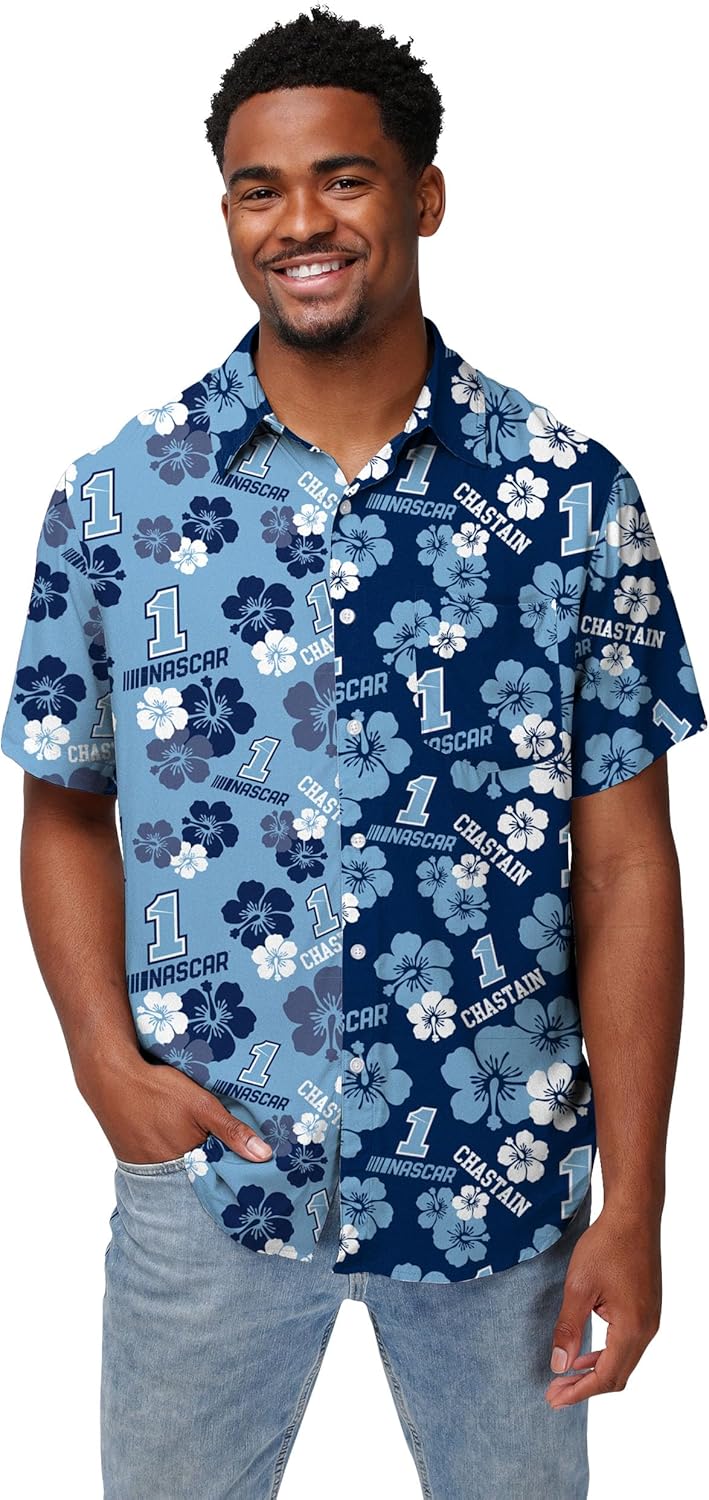 FOCO NASCAR Mens Nascar Driver Split Color Floral Button Up Shirts Ross Chastain Large Split Color Floral