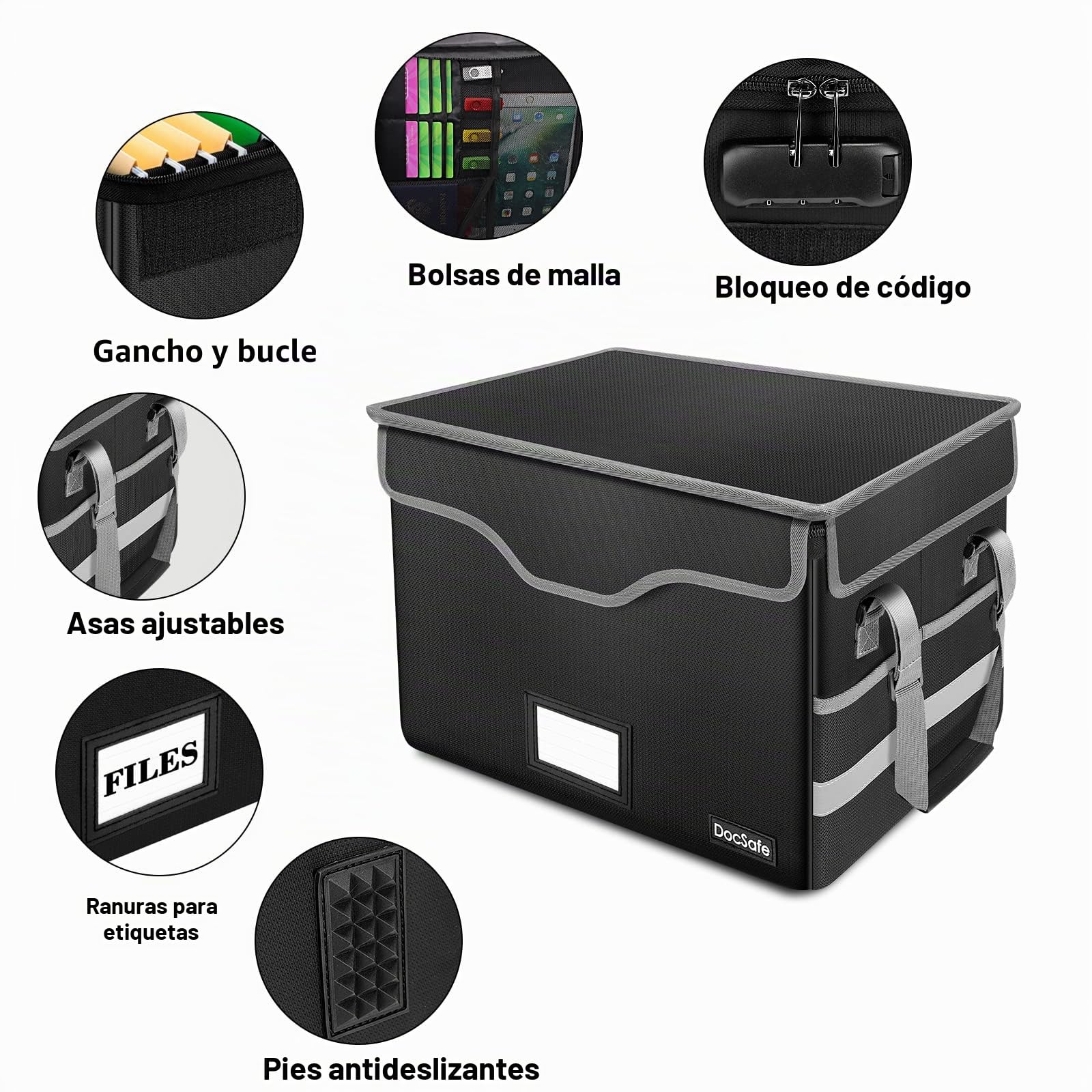 DocSafe, Caja ignífuga organizadora de documentos con cerradura y bolsillos de malla, portátil y plegable para oficina en casa, archivo seguro con asa para colgar carpetas de cartas/legales, negro