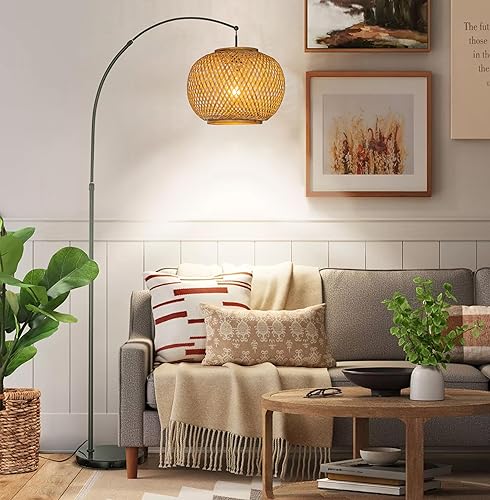 Miniatura 3 de Lámpara de pie de arco negro mate de 75 pulgadas con pantalla de ratán marrón y base de mármol, lámpara de pie de ratán para sala de estar, comedor