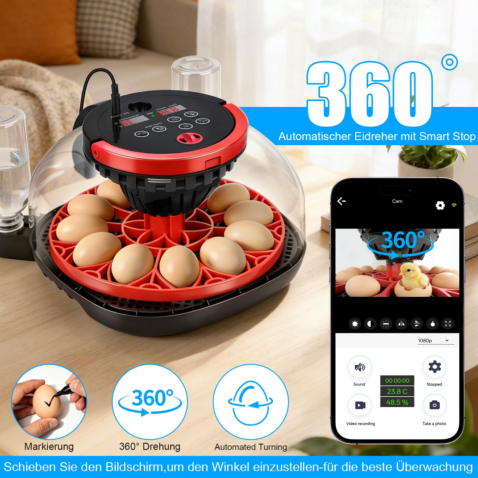 Incubadora automática de 12 huevos con cámara HD 1080, incubadora de pollos con mando a distancia mediante aplicación inteligente, espátula automática y control de temperatura, control de temperatura