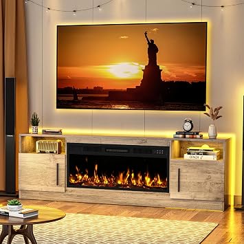 BOSSIN Fireplace TV Stand with 36" Electric Fireplace, LED Light Entertainment Center with Storage Cabinet for TVs up to 80 inch, Media TV Console with Modern Wood Texture,70 inch Gray