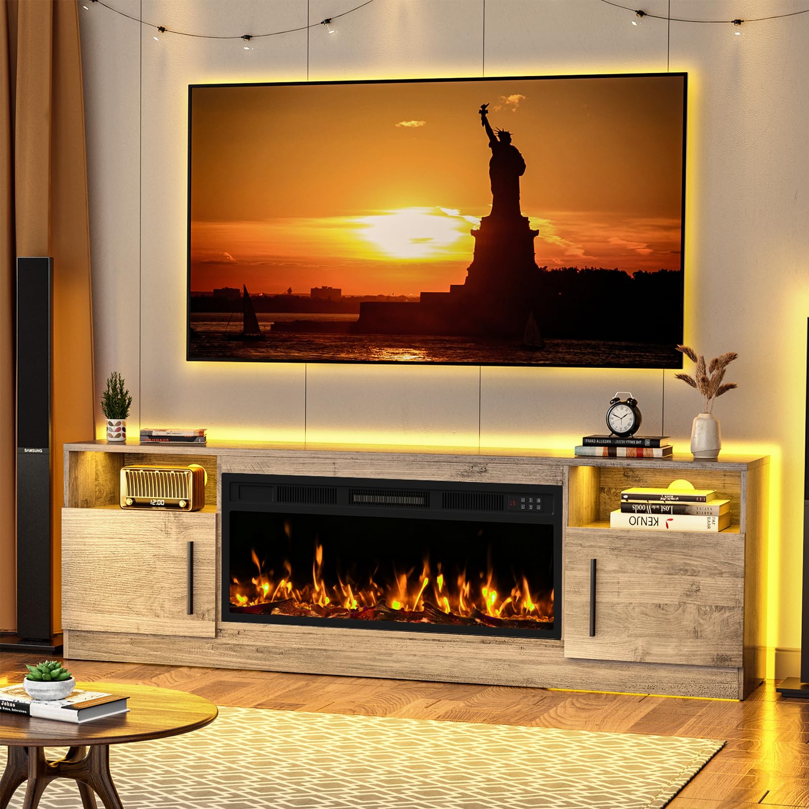 BOSSIN Fireplace TV Stand with 36" Electric Fireplace, LED Light Entertainment Center with Storage Cabinet for TVs up to 80 inch, Media TV Console