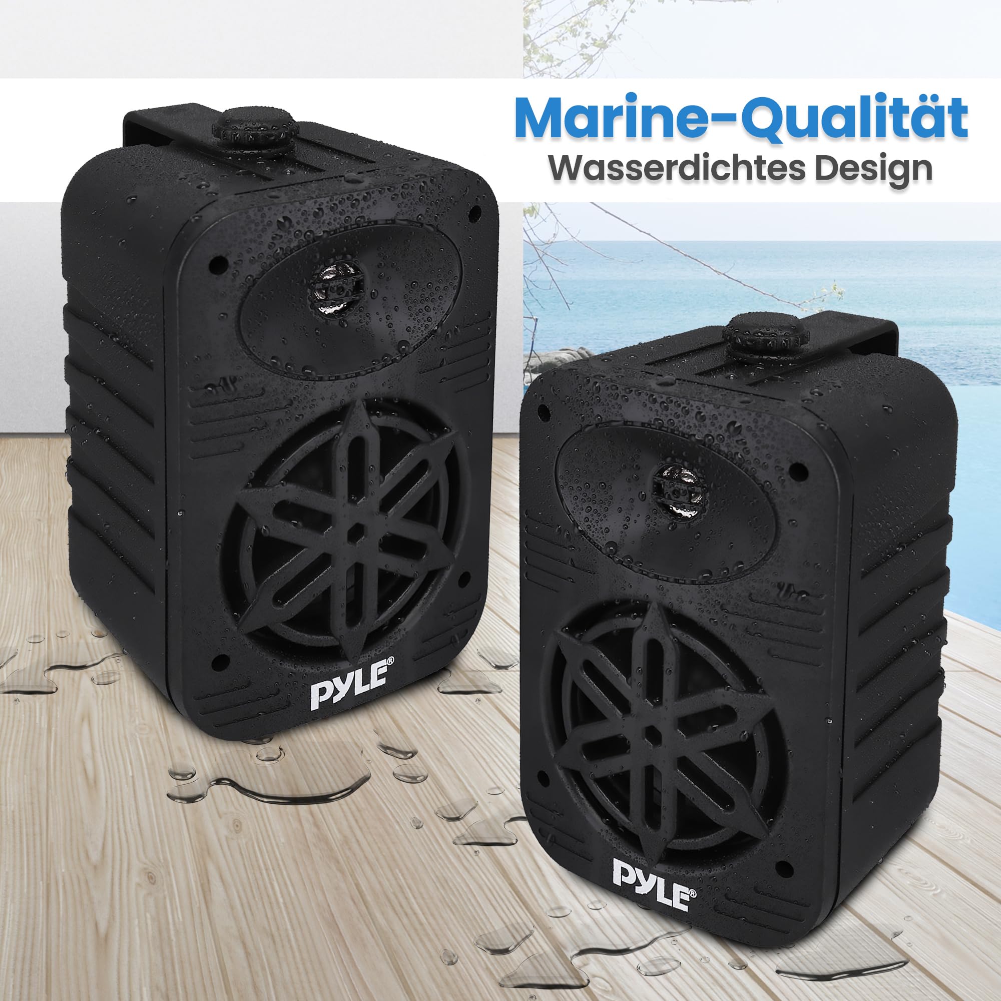 Pyle Lautsprecher Set Outdoor Indoor – 500W 4” 2-Wege Boxen wasserdicht Full Range Stereo Sound, Wetterfest für Boot, Terrasse, Pool Wired Lautsprecherboxen Schwarz