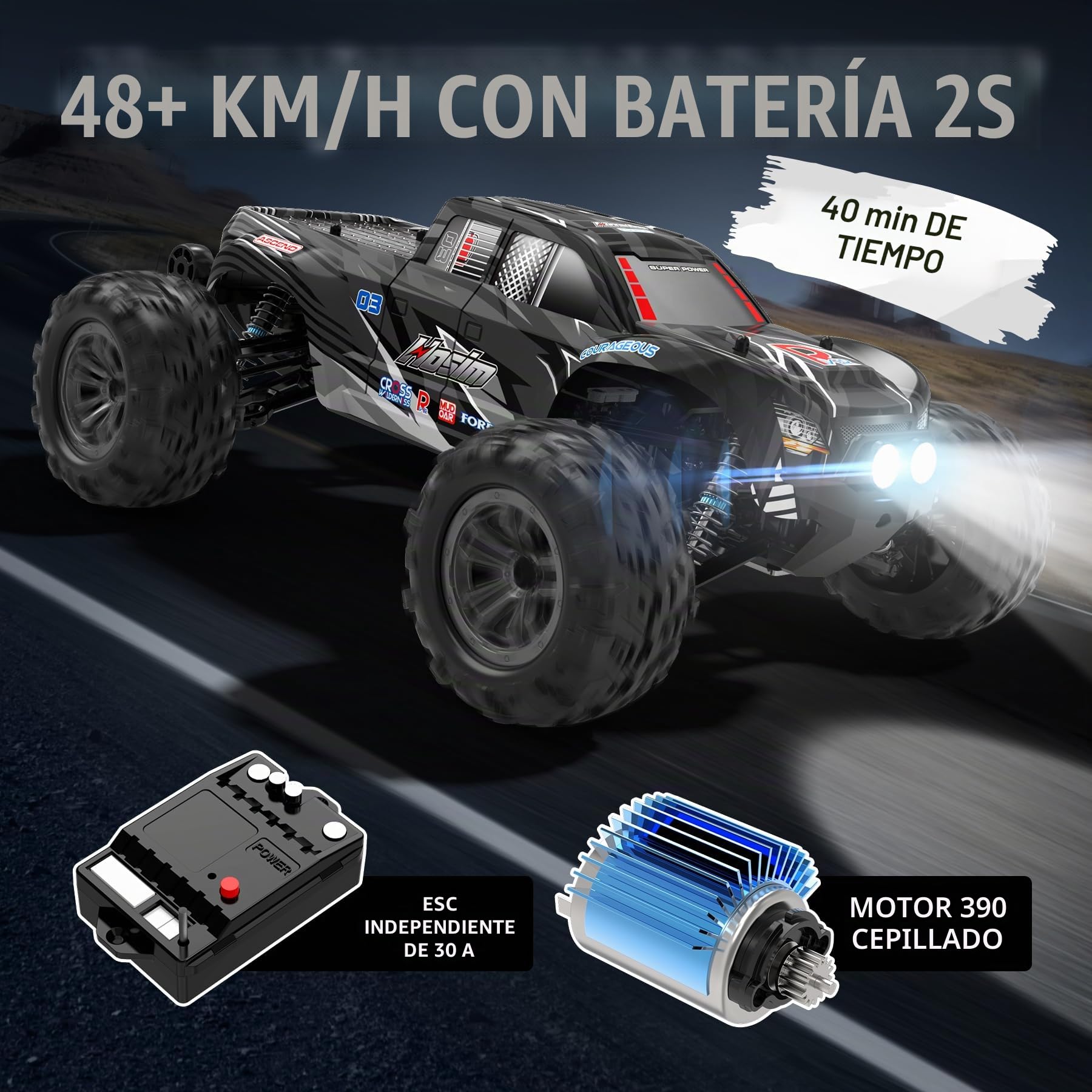 Hosim Coche teledirigido rápido 1:10 con luces RC Vehículos todoterreno 48+ km/h, Grado Hobby Drift RC Monster Truck con 2 baterías 40+ min de tiempo de juego para niños, adultos (X06, negro)