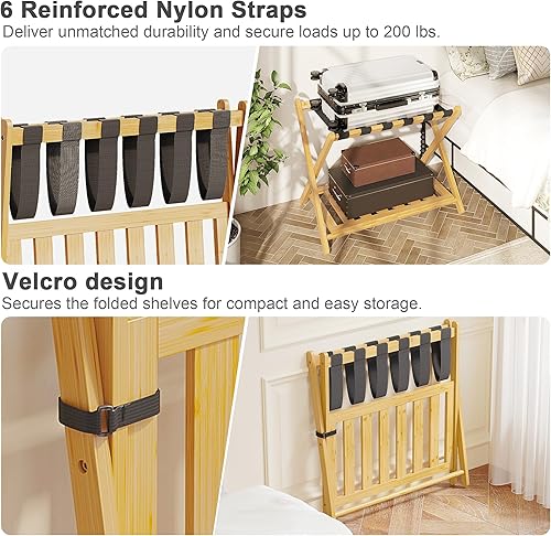Miniatura 5 de Paquete de 2 Soportes de Equipaje de Bambú para Habitación de Invitados, Soporte Plegable Ancho de 26.77" para Maletas con Estante de