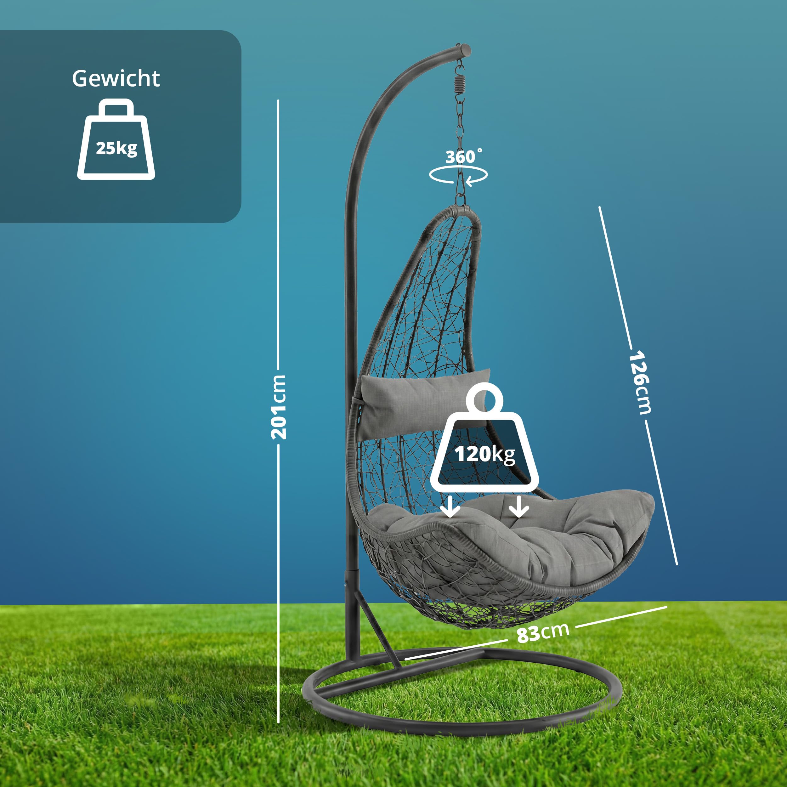 KHG Poltrona sospesa antracite, comodo cesto in vimini con cuscino grigio chiaro, per giardino e terrazza, resistente ai raggi UV, portata 120 kg, 83 x 83 x 201 cm