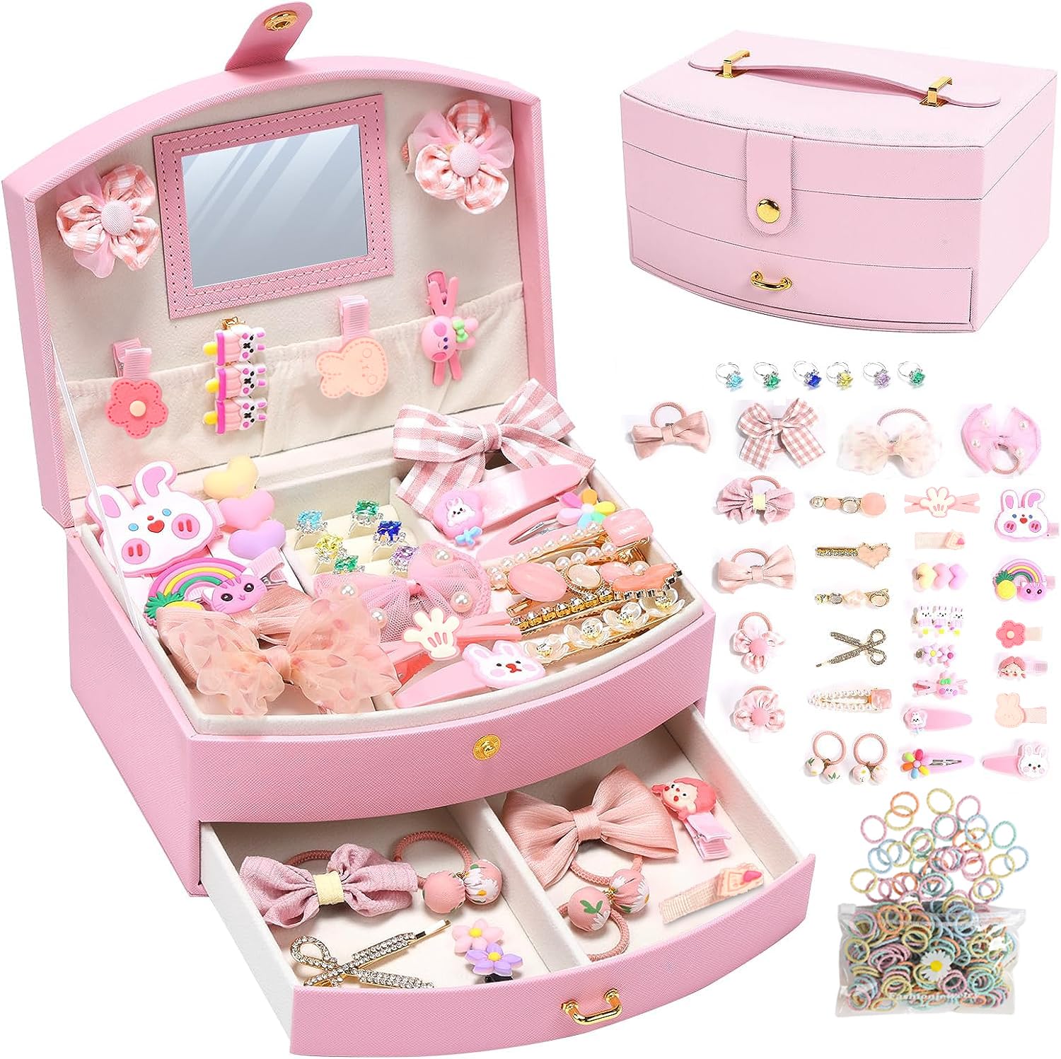 ALLSOLA Jewelry Storage Case, Jewelry Box with Kids Hair Accessories, Priness Hair Ties, Hair Clips, Toy Rings for Pretend Play & Dress Up, Jewelry Organizer Birthday Gift for Toddlers Girls