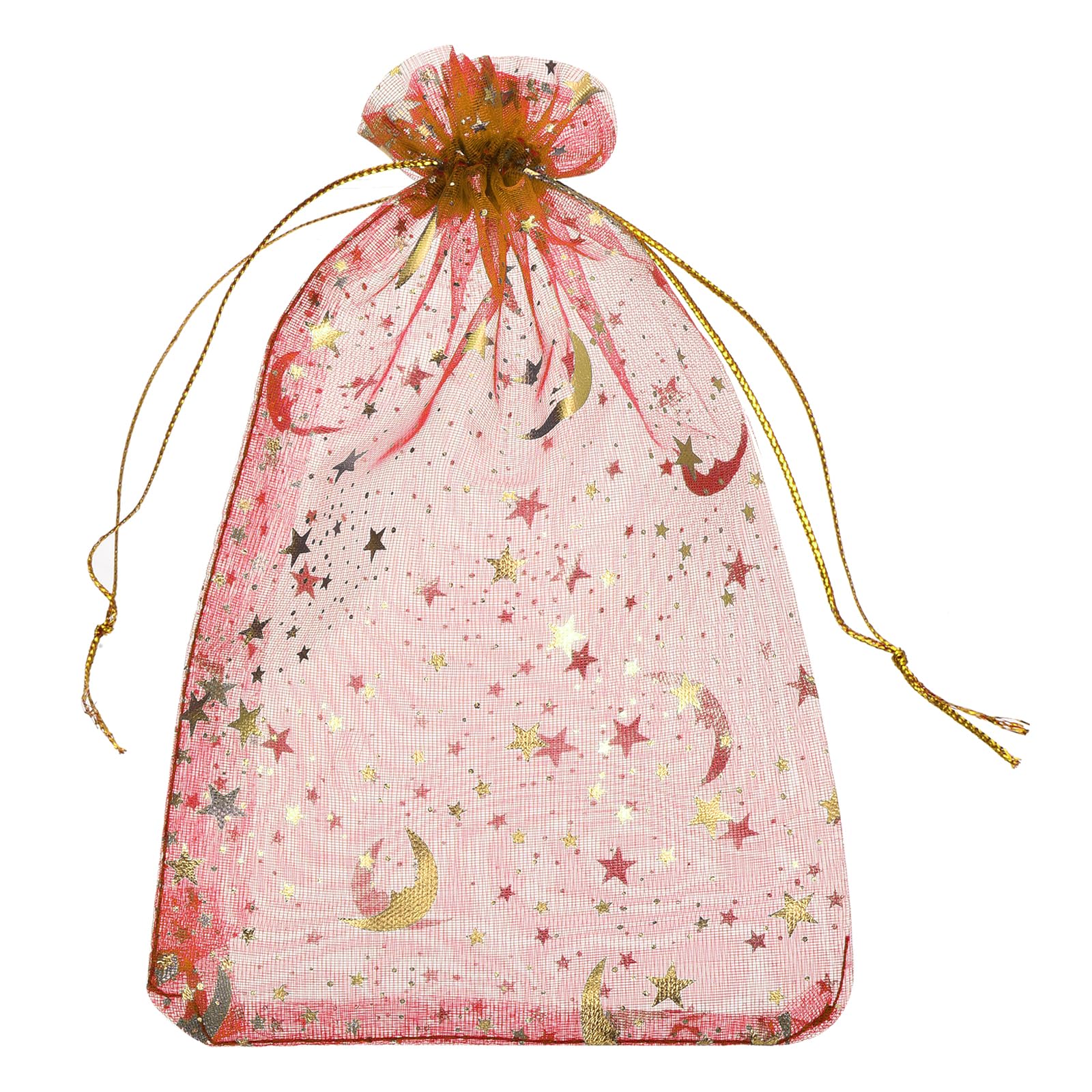 sourcing map Organza Bag 13 x 18cm, Sheer Moon Star Mesh Bags Drawstring Gift Bags Bulk Party Favor Bag Jewelry Pouches for Wedding Candy Valentines (Red-Gold, Pack of 50) โ image 1
